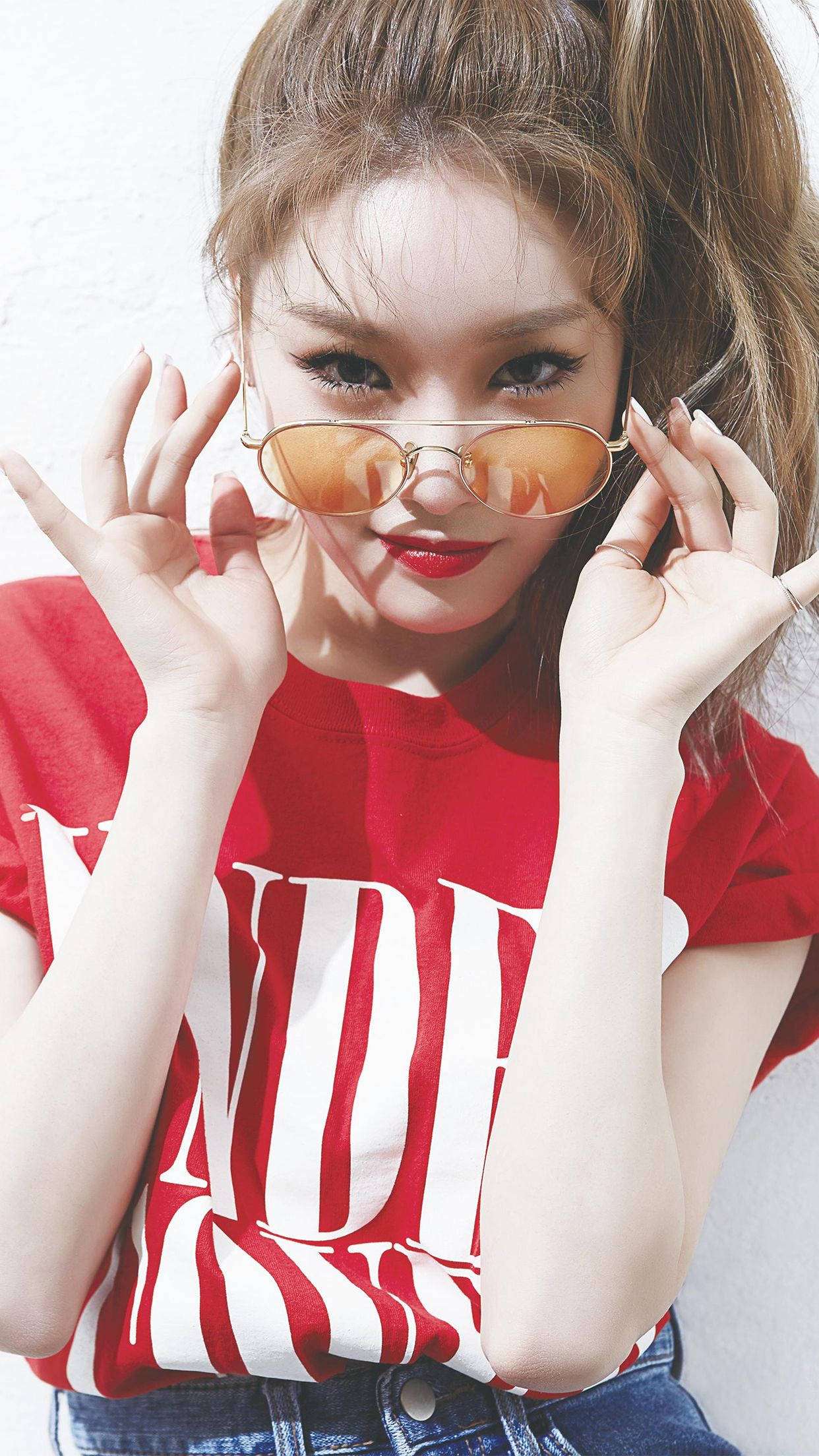 Chungha, red graphic tee, high ponytails, Full HD Phone Wallpaper