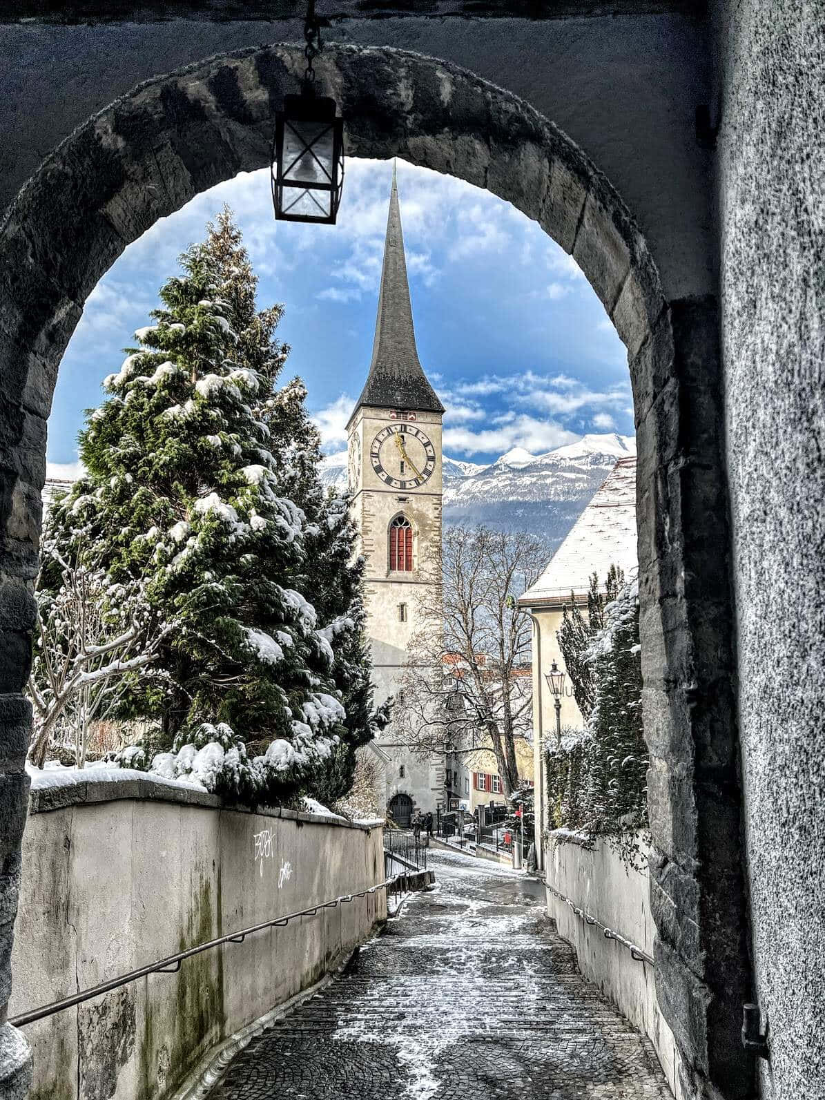 winter church, archway, snowy cobblestone path, HD Phone Wallpaper