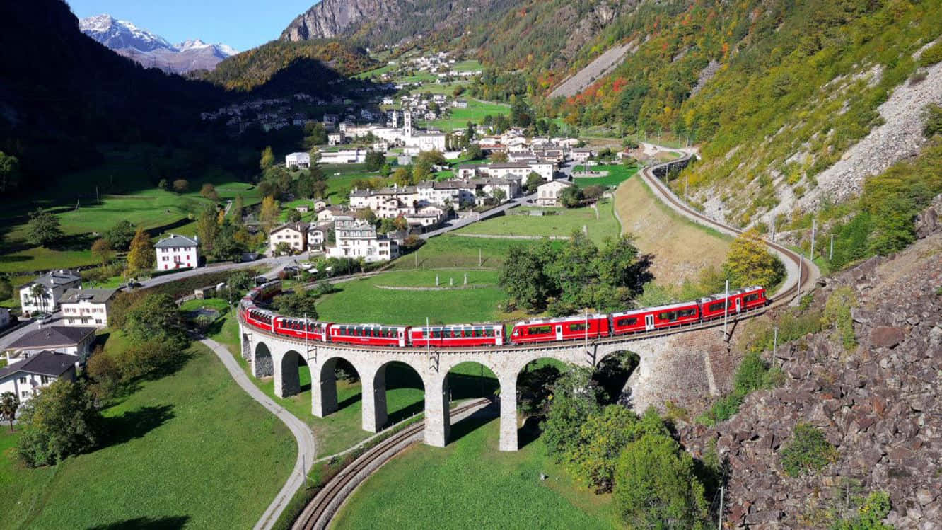 Chur, red train, stone viaduct, HD Desktop Wallpaper