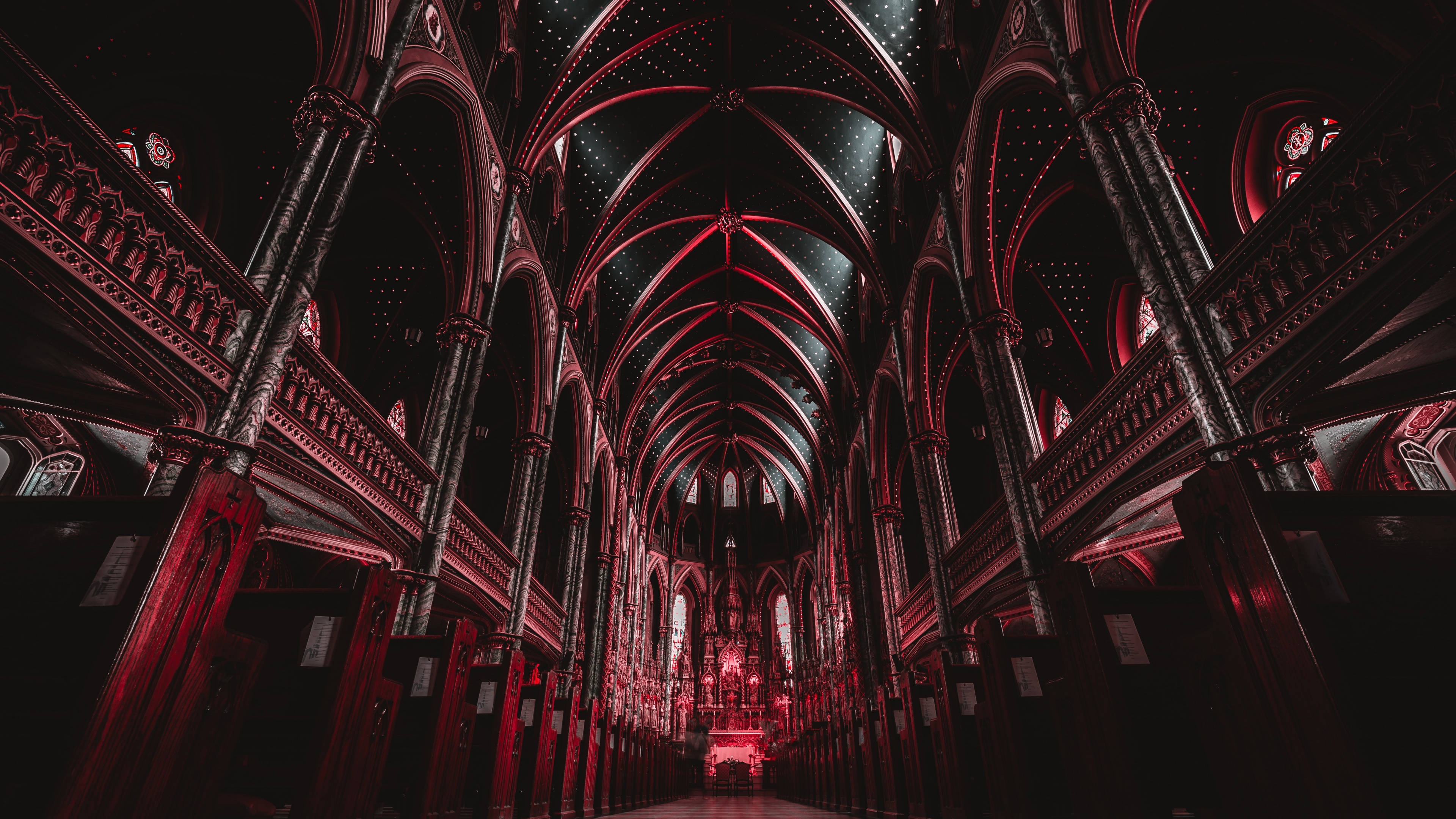 cathedral, red light, vaulted ceilings, 4K Desktop Wallpaper
