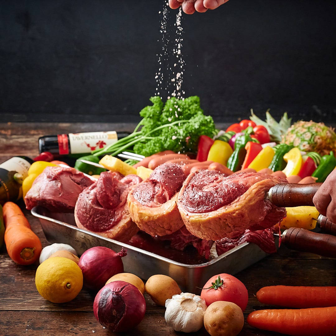 seasoning churrasco, raw beef roasts, colorful fresh vegetables, SD Desktop Wallpaper