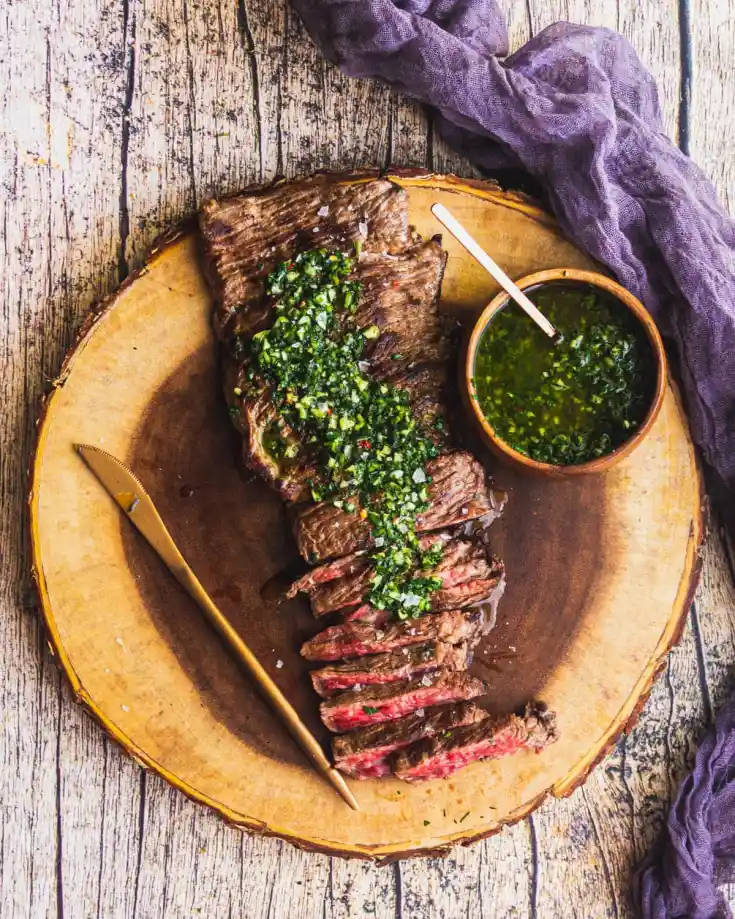 churrasco steak, chimichurri sauce, rustic wooden platter, SD Phone Wallpaper