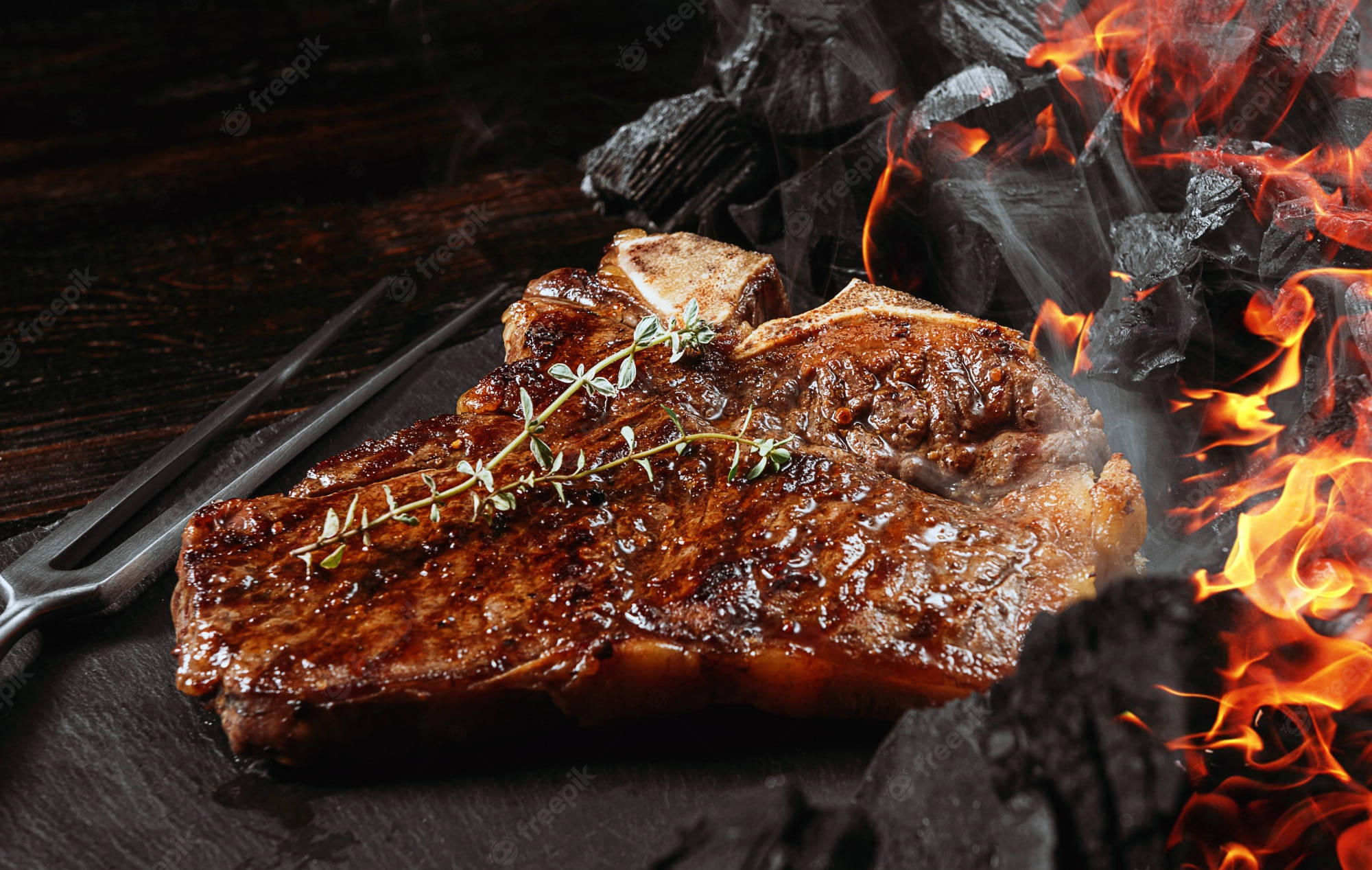 T bone steak, charcoal flames, thyme, Full HD Desktop Wallpaper