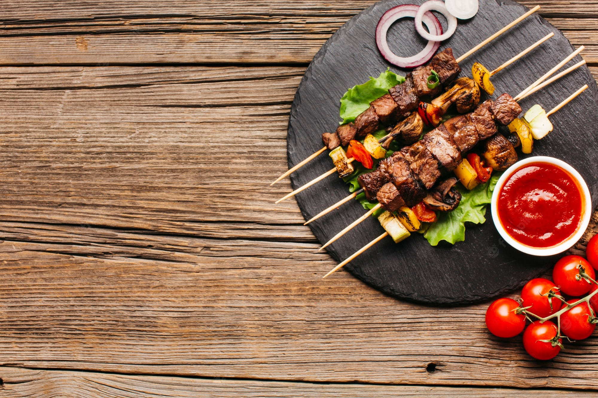 Churrasco, slate plate, rustic wooden table, Full HD Desktop Wallpaper