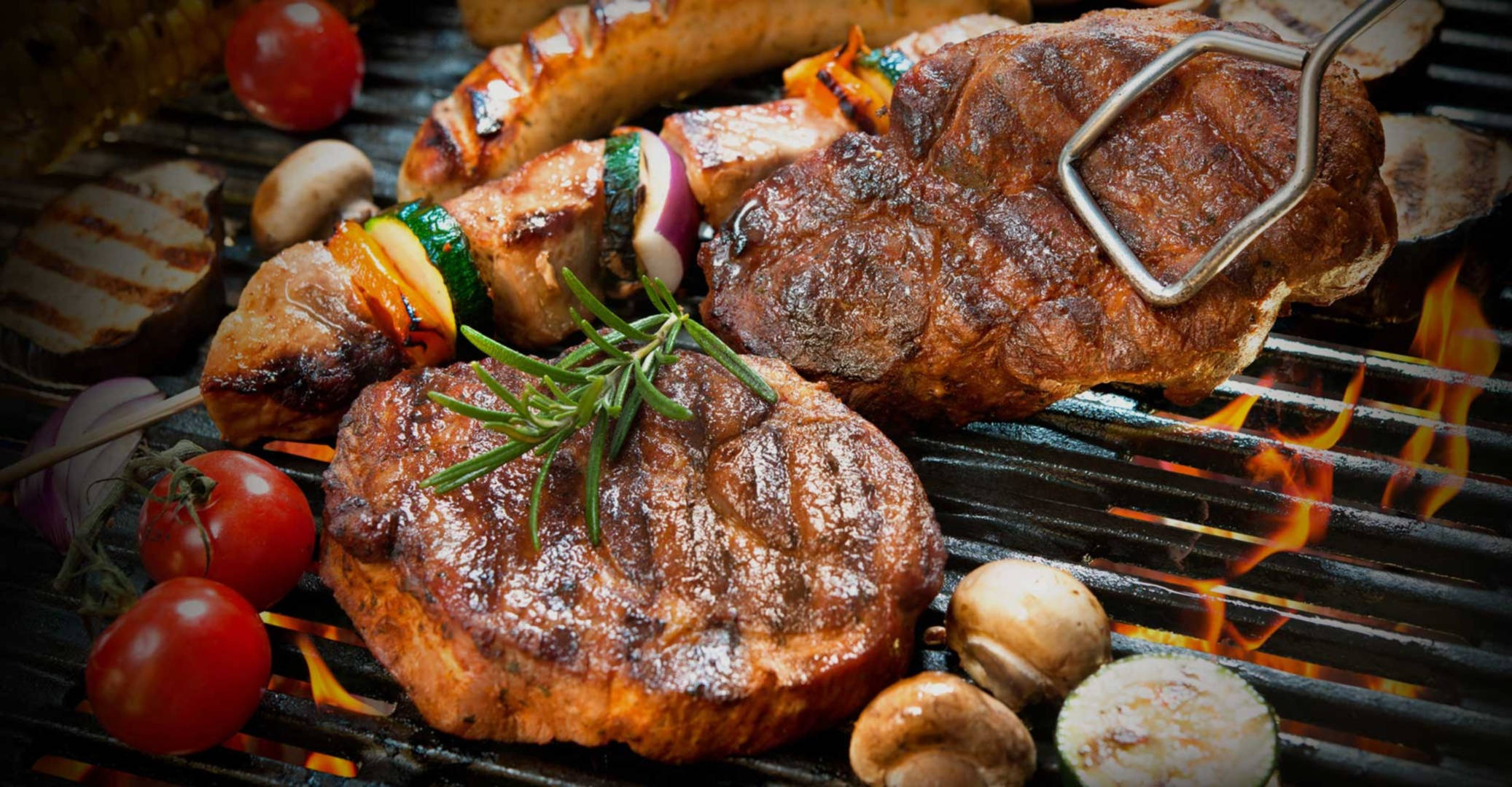 Churrasco, sizzling steak, skewers, Full HD Desktop Wallpaper