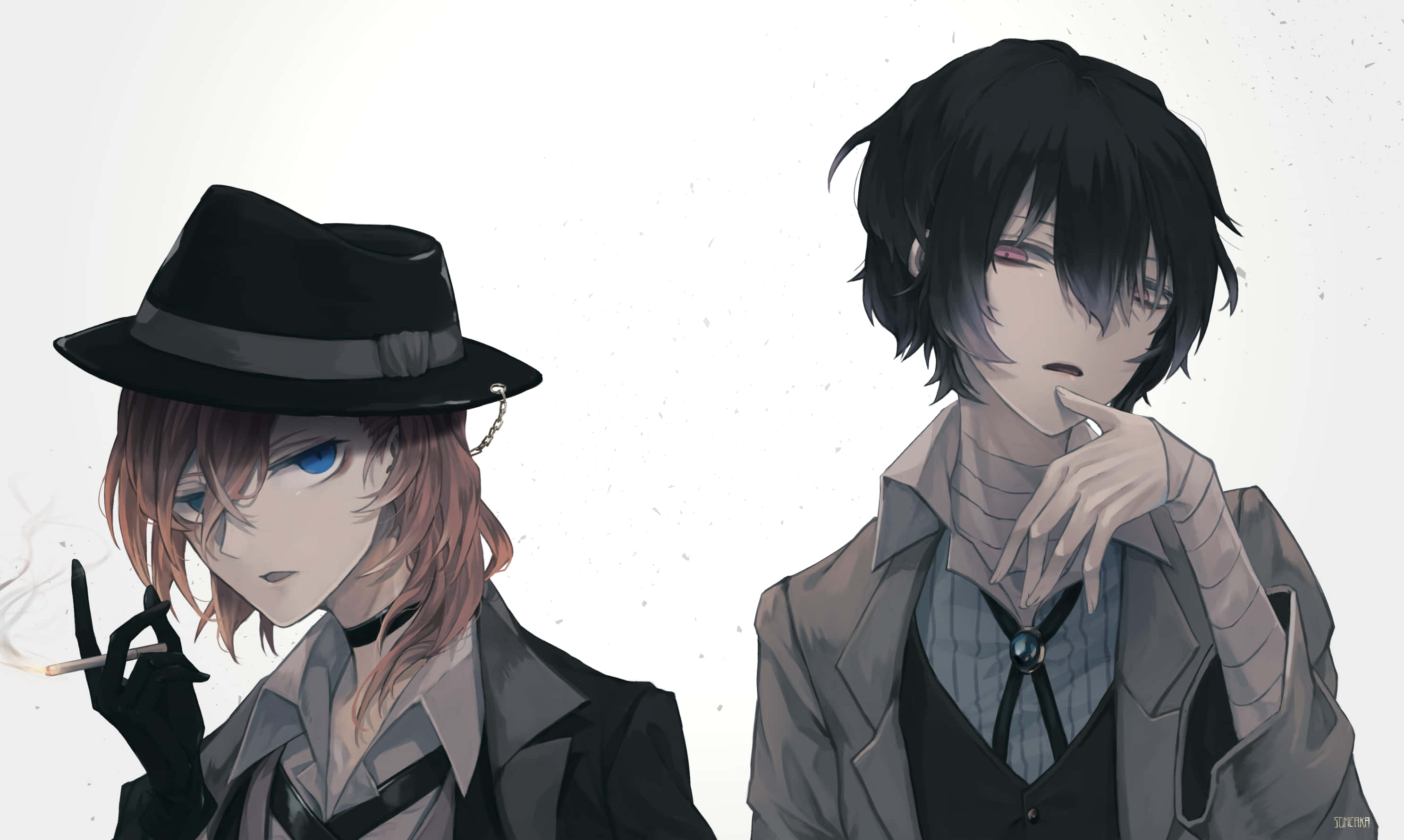 Chuuya Nakahara, dark suits, smoking a cigarette, 2K Desktop Wallpaper