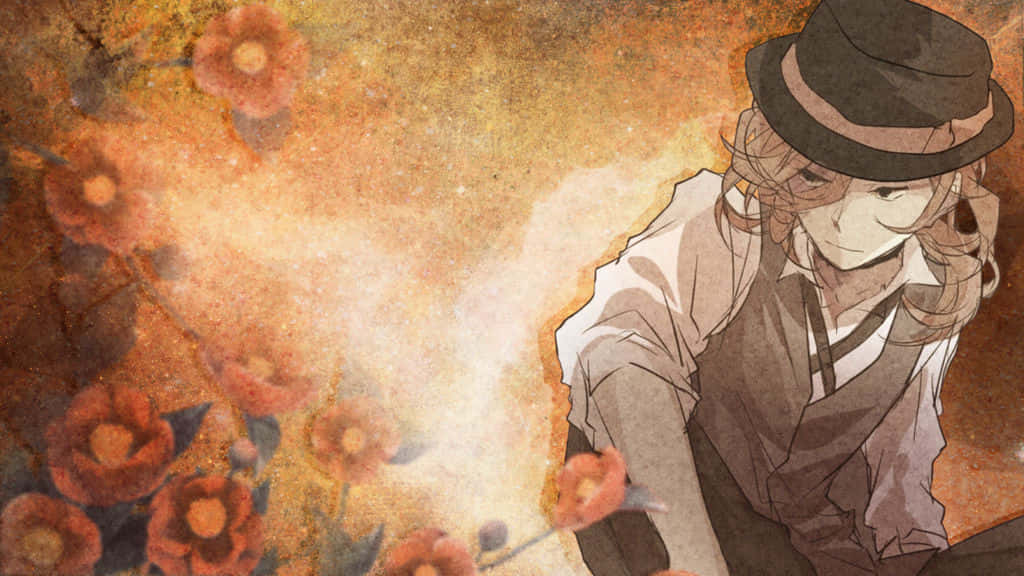 Chuuya Nakahara, glowing red flowers, warm textured background, SD Desktop Wallpaper