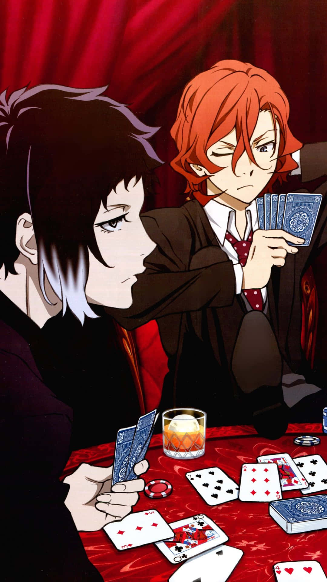 Chuuya Nakahara, red curtains, scattered cards, Full HD Phone Wallpaper