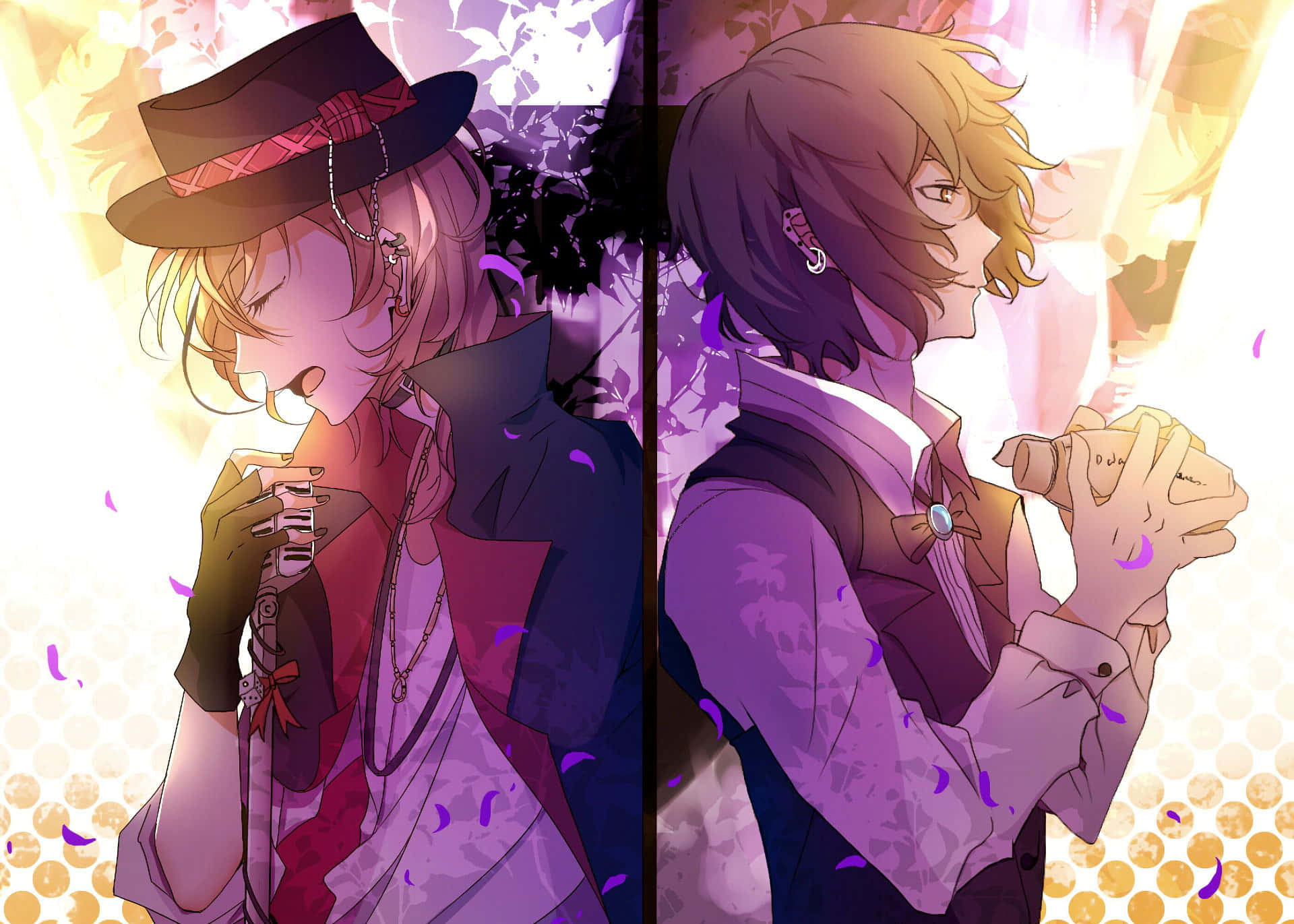Chuya Nakahara, hat and vest, vibrant purple and gold background, Full HD Desktop Wallpaper