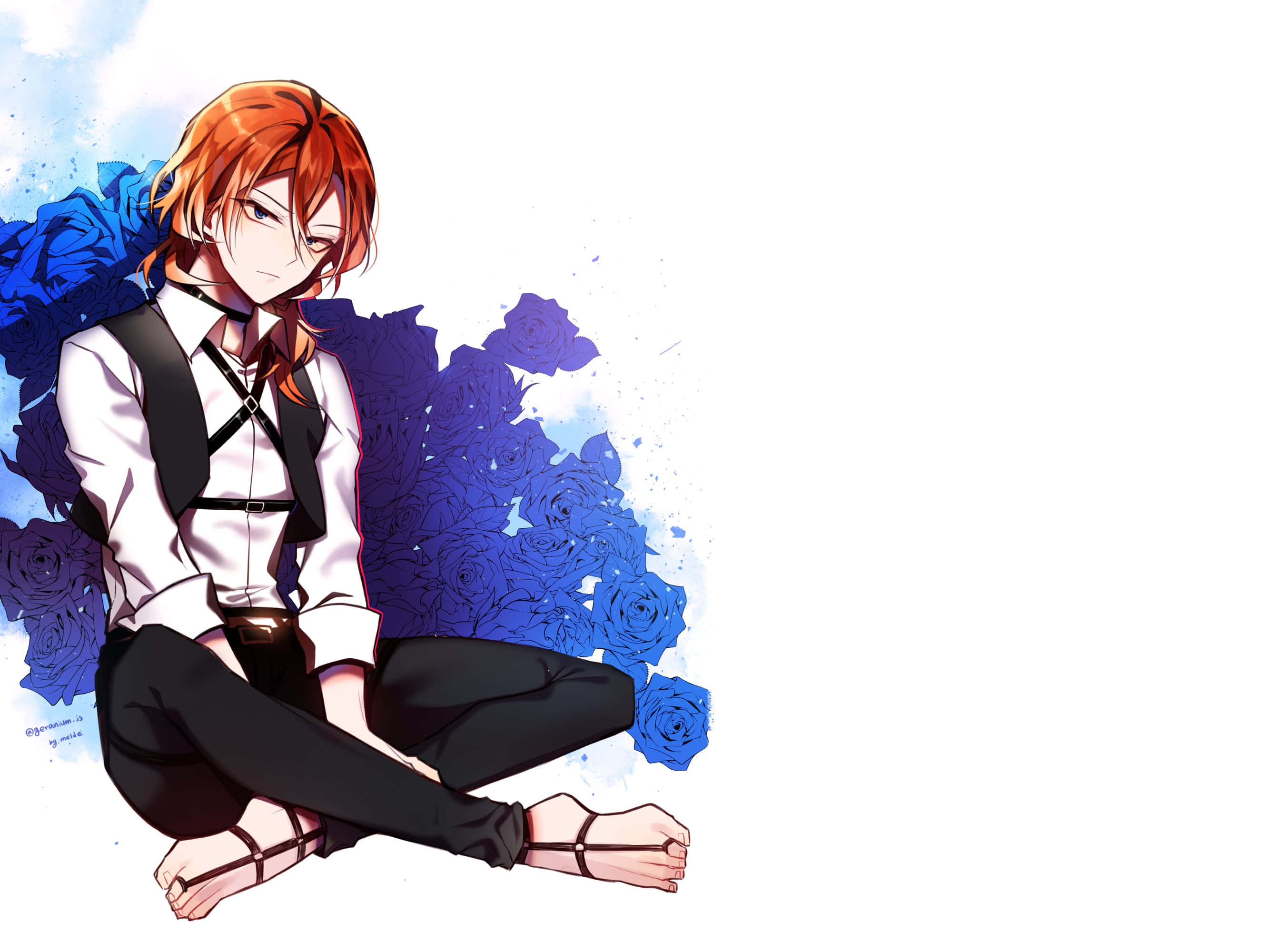 Chuya Nakahara, orange hair, blue roses, 2K Desktop Wallpaper