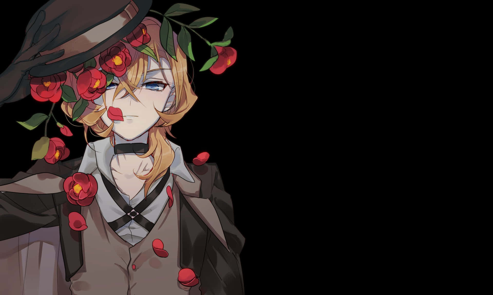 Chuya Nakahara, blonde hair, red flowers, Full HD Desktop Wallpaper