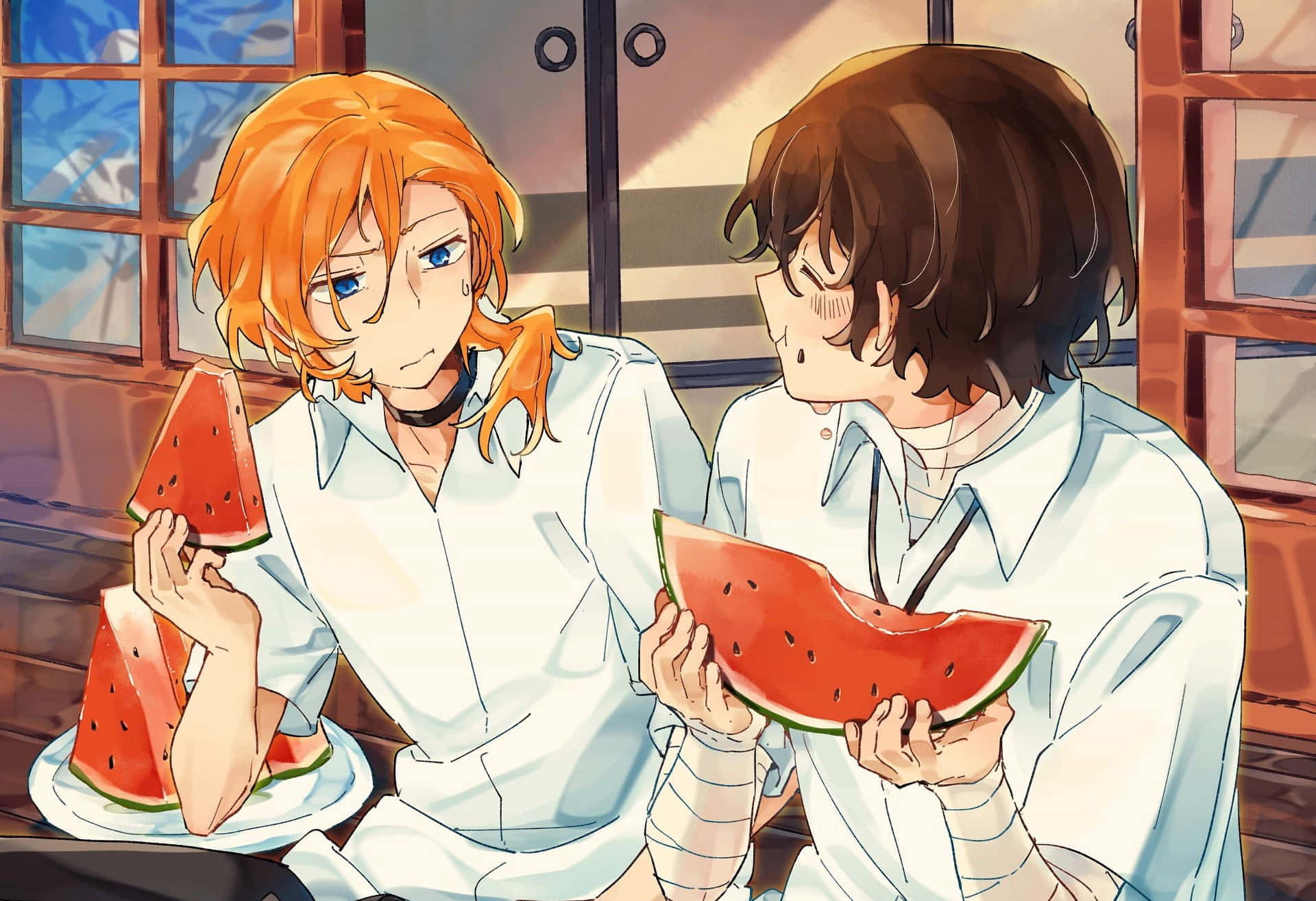 Chuya Nakahara, white shirts, watermelon slices, Full HD Desktop Wallpaper