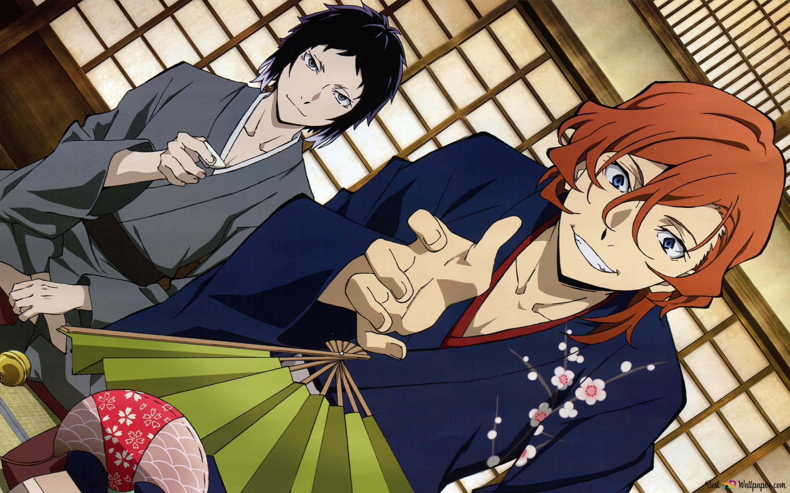 Chuya Nakahara, traditional Japanese attire, green fan, 2K Desktop Wallpaper