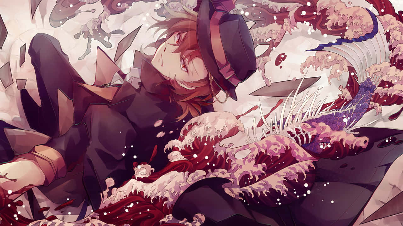 Chuya Nakahara, top hat, swirling red and purple waves, HD Desktop Wallpaper