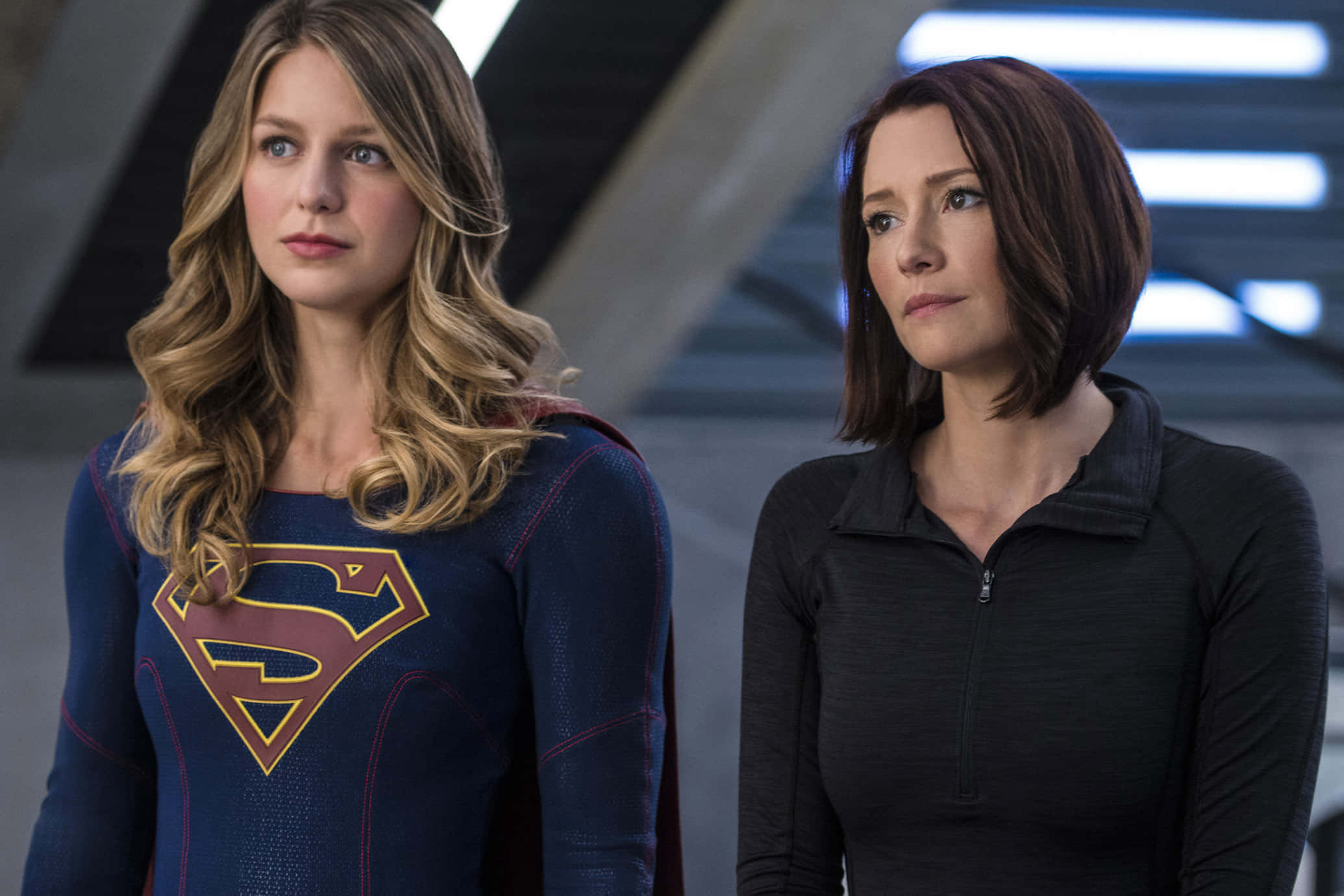 Chyler Leigh, blue Superman suit, black zip-up top, Full HD Desktop Wallpaper