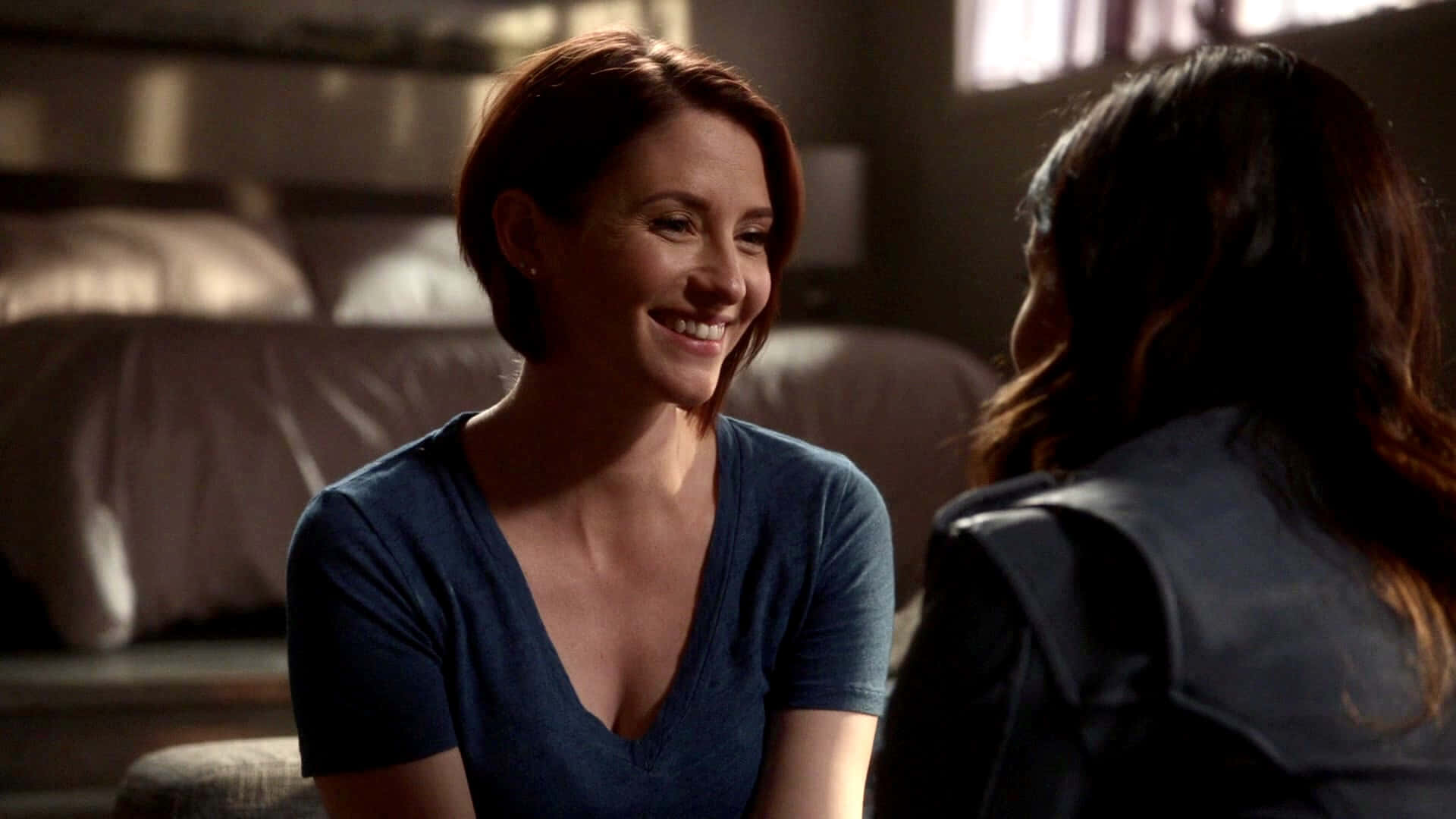 Chyler Leigh, short red hair, dimly lit bedroom, Full HD Desktop Wallpaper