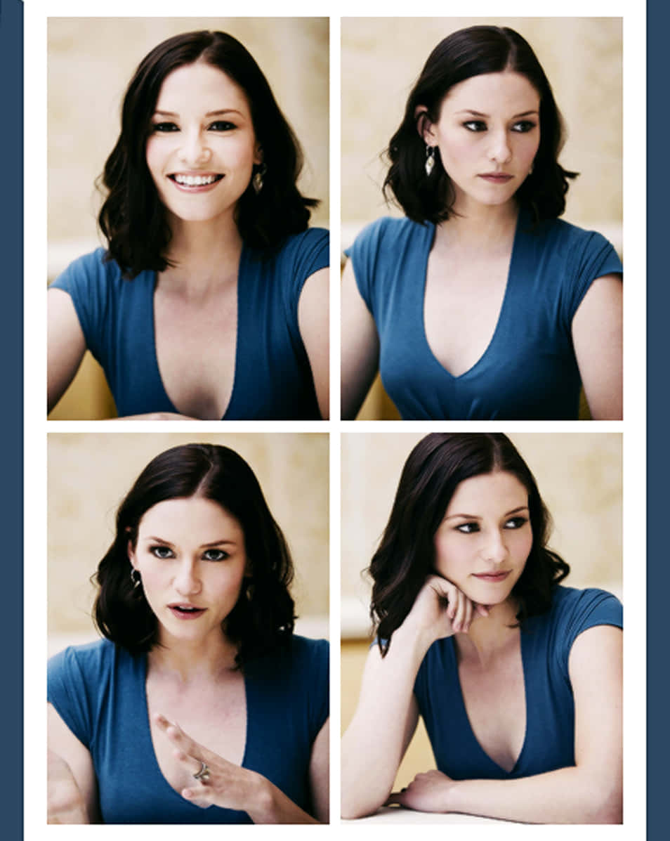 Chyler Leigh, blue top, dark wavy hair, SD Phone Wallpaper