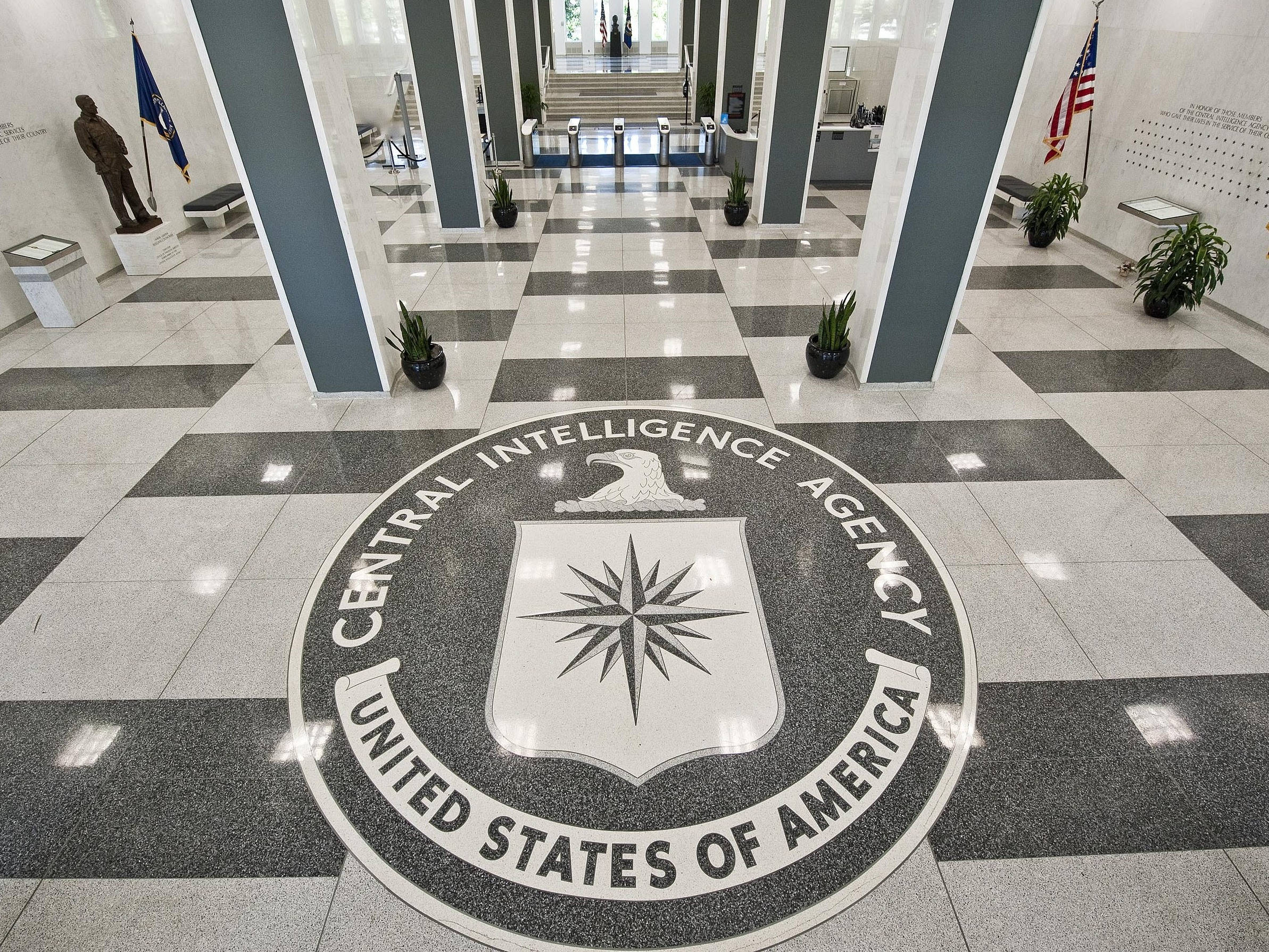 CIA Logo, government building, checkered floor, Full HD Desktop Wallpaper