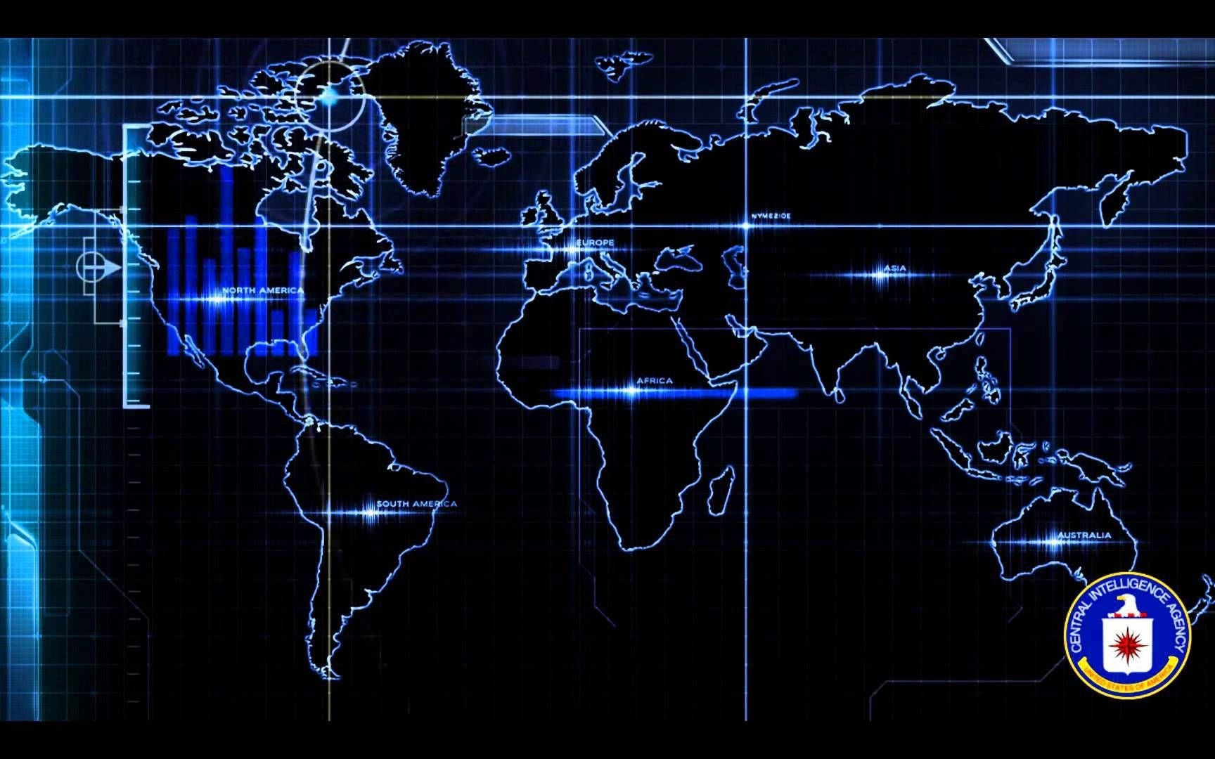CIA logo, glowing blue digital world map, grid lines, HD Desktop Wallpaper
