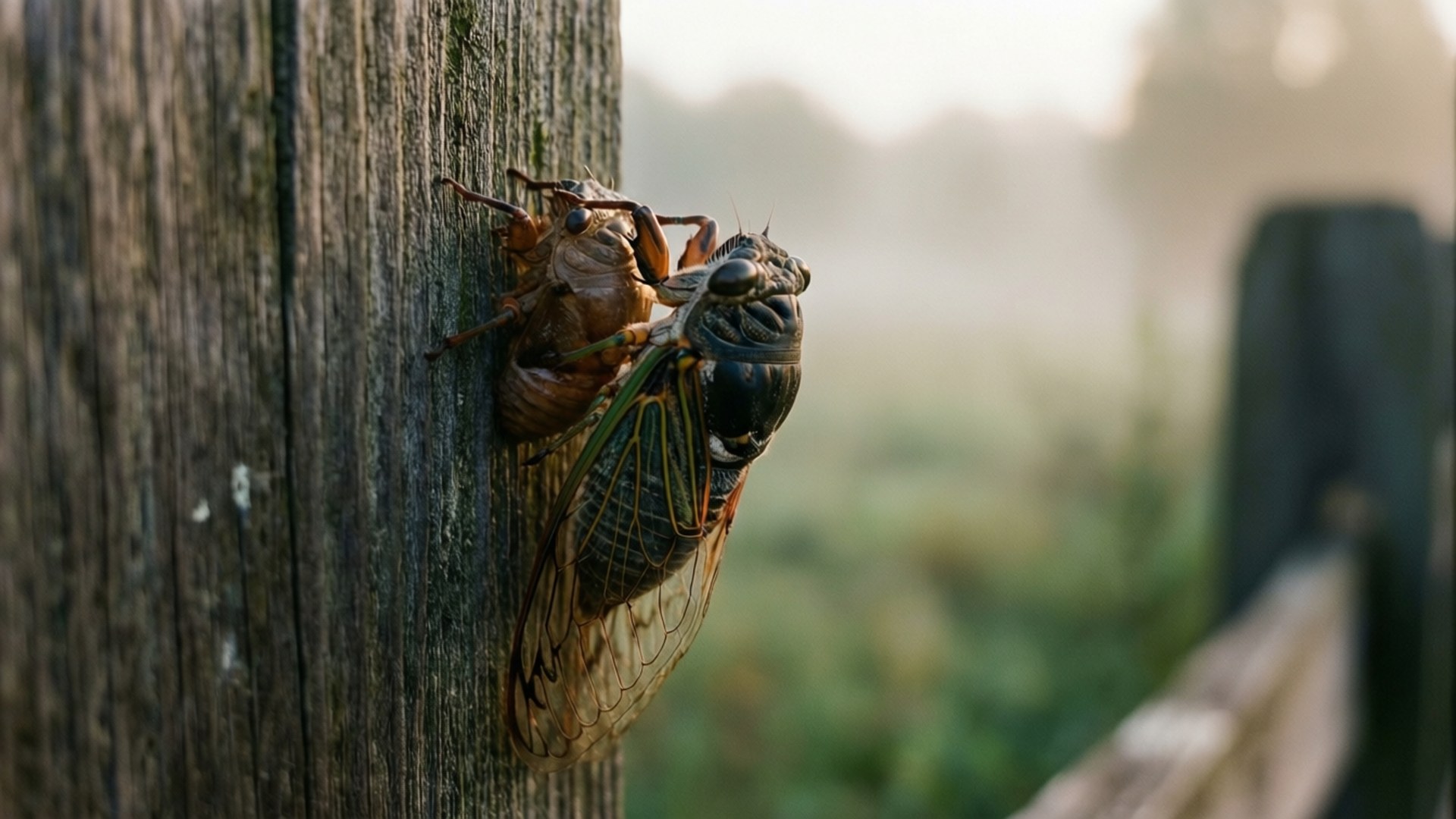 cicada molting, wooden fence, foggy morning light, Full HD Desktop Wallpaper
