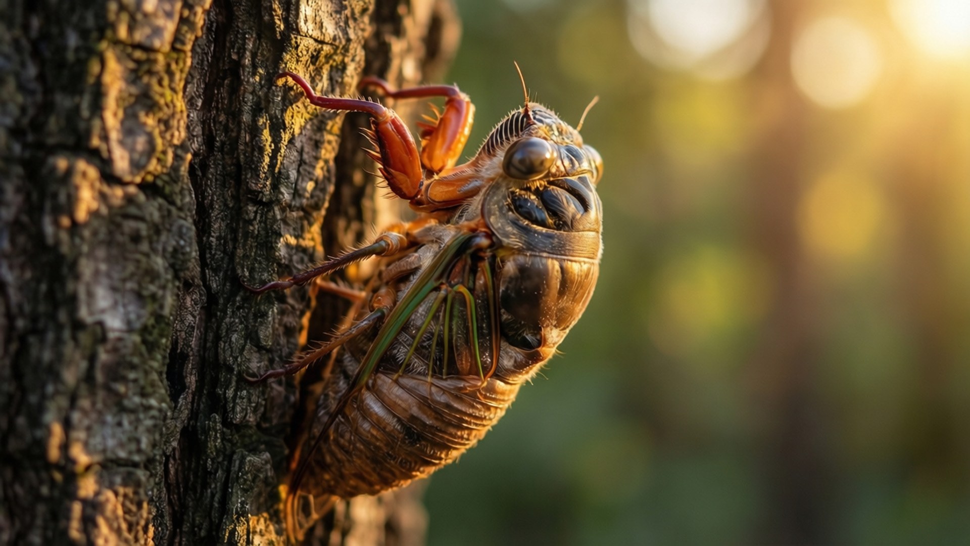 cicada molting, bark, golden hour light, Full HD Desktop Wallpaper