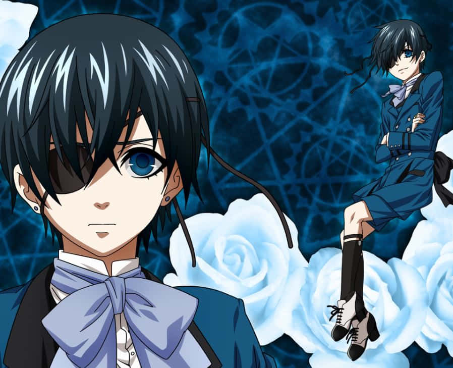 Ciel Phantomhive, blue suits, glowing white roses, SD Desktop Wallpaper