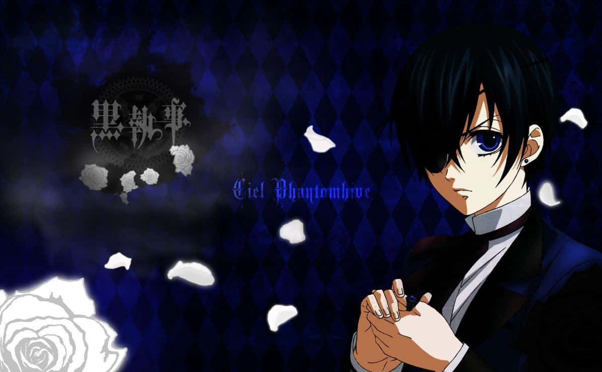 Ciel Phantomhive, black suit, dark blue diamond-patterned background, SD Desktop Wallpaper