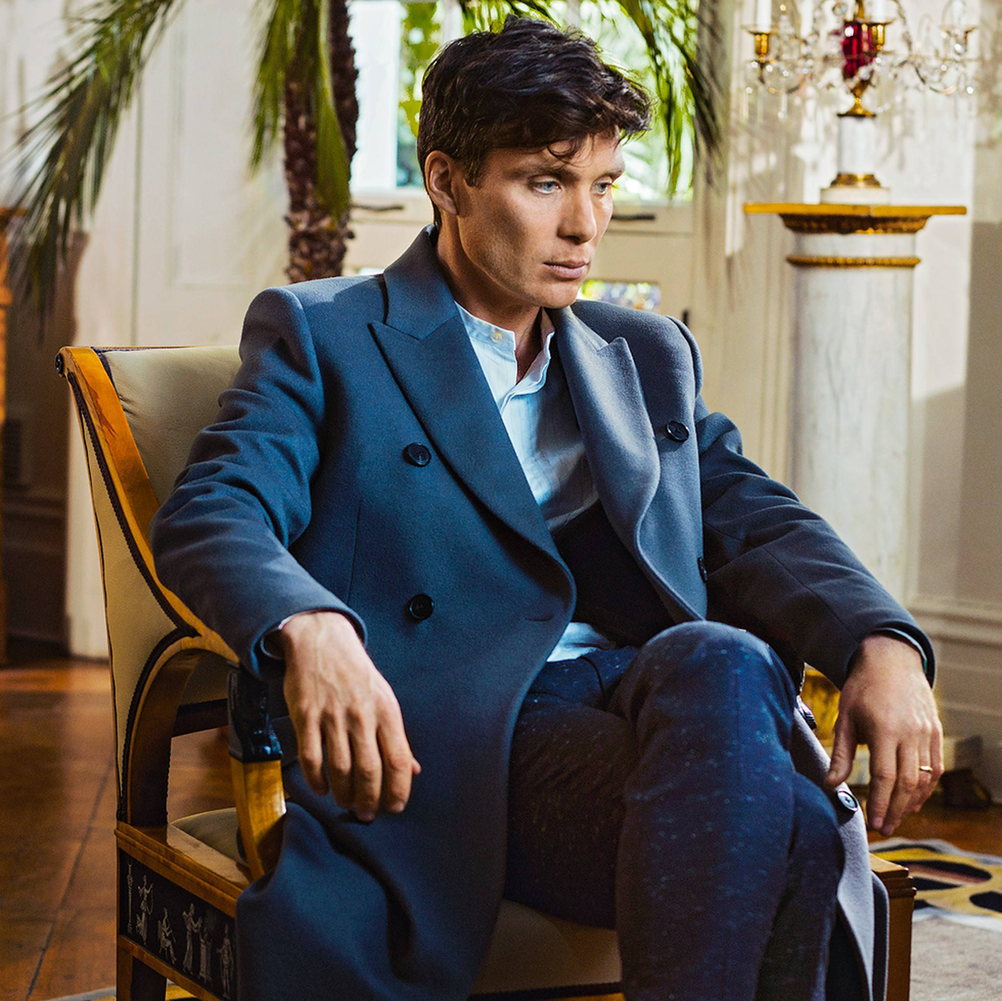 Cillian Murphy, blue double-breasted coat, ornate chair, Full HD Desktop Wallpaper