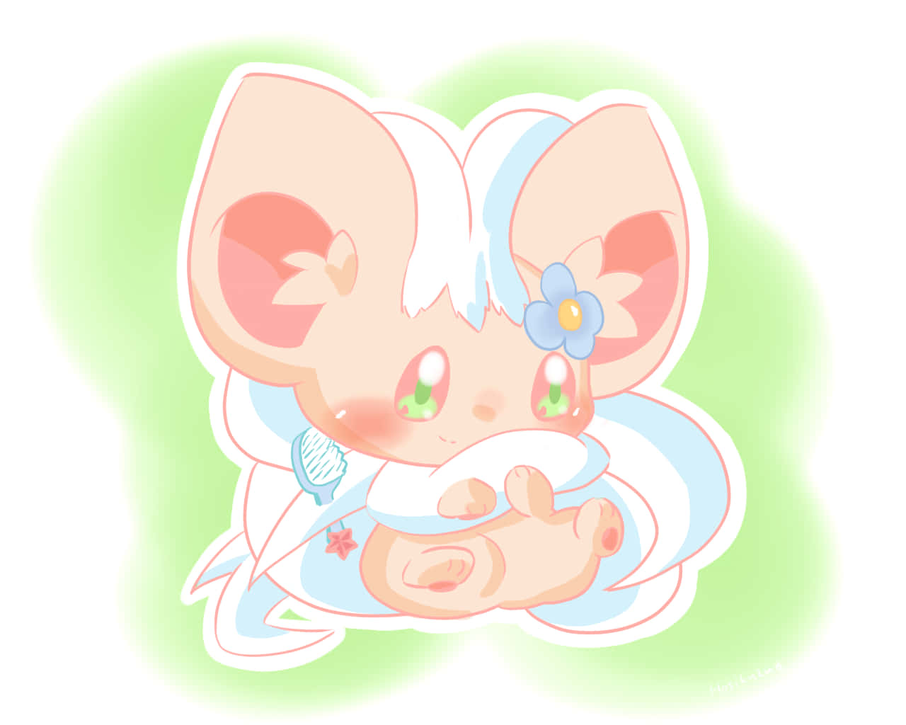 Cinccino, chibi-style mouse, blue flower, HD Desktop Wallpaper