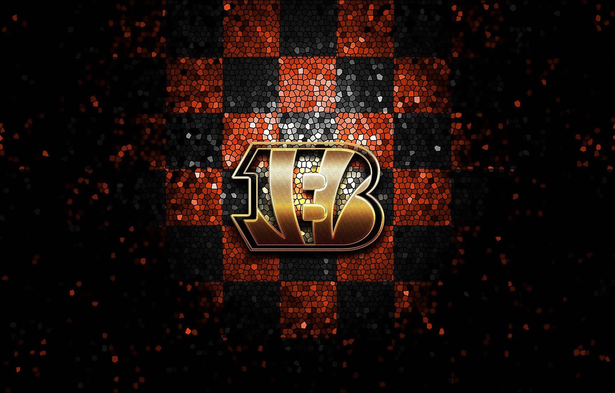 Cincinnati Bengals, gold Bengal tiger logo, black and orange checkered mosaic, Full HD Desktop Wallpaper