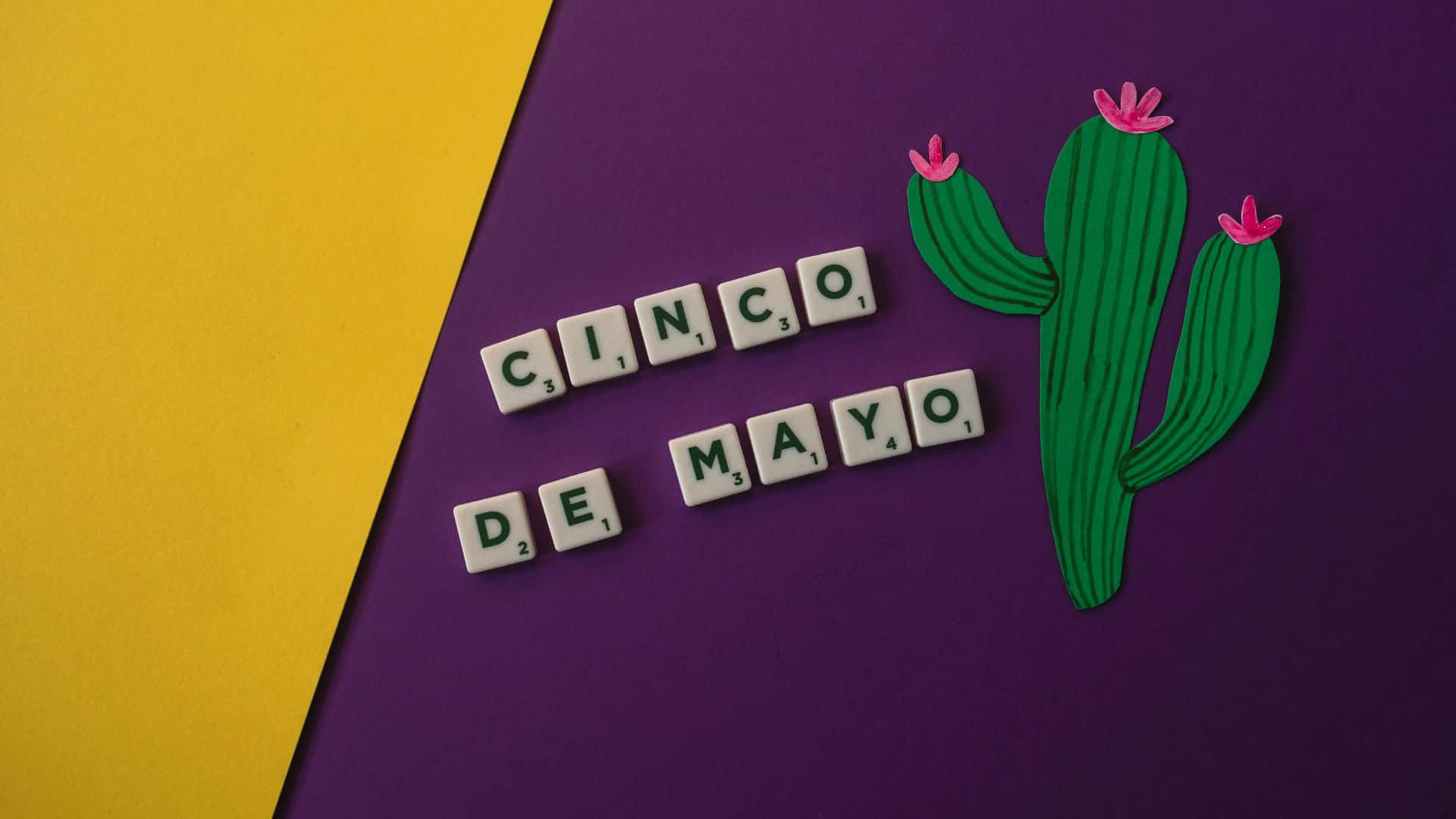 Cinco de Mayo, Scrabble tiles, green paper cactus, Full HD Desktop Wallpaper