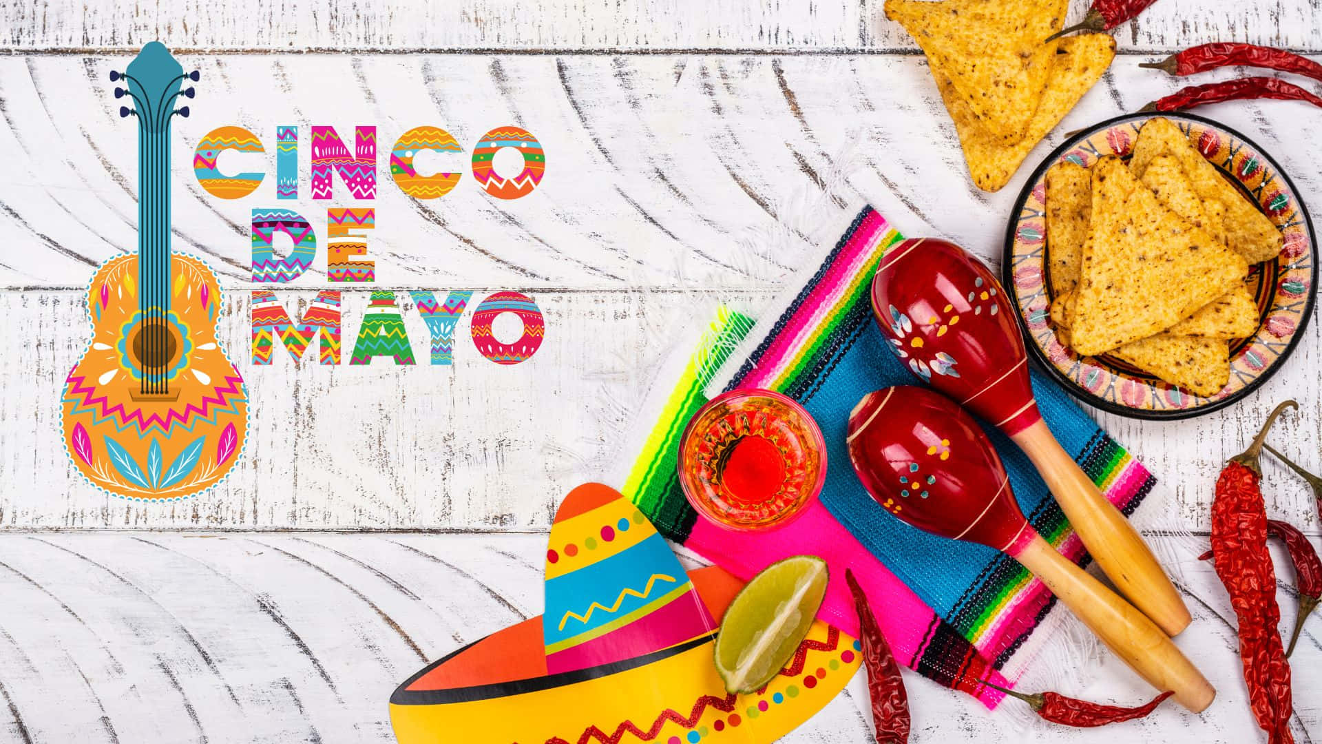 Cinco De Mayo, guitar maracas, sombrero, Full HD Desktop Wallpaper