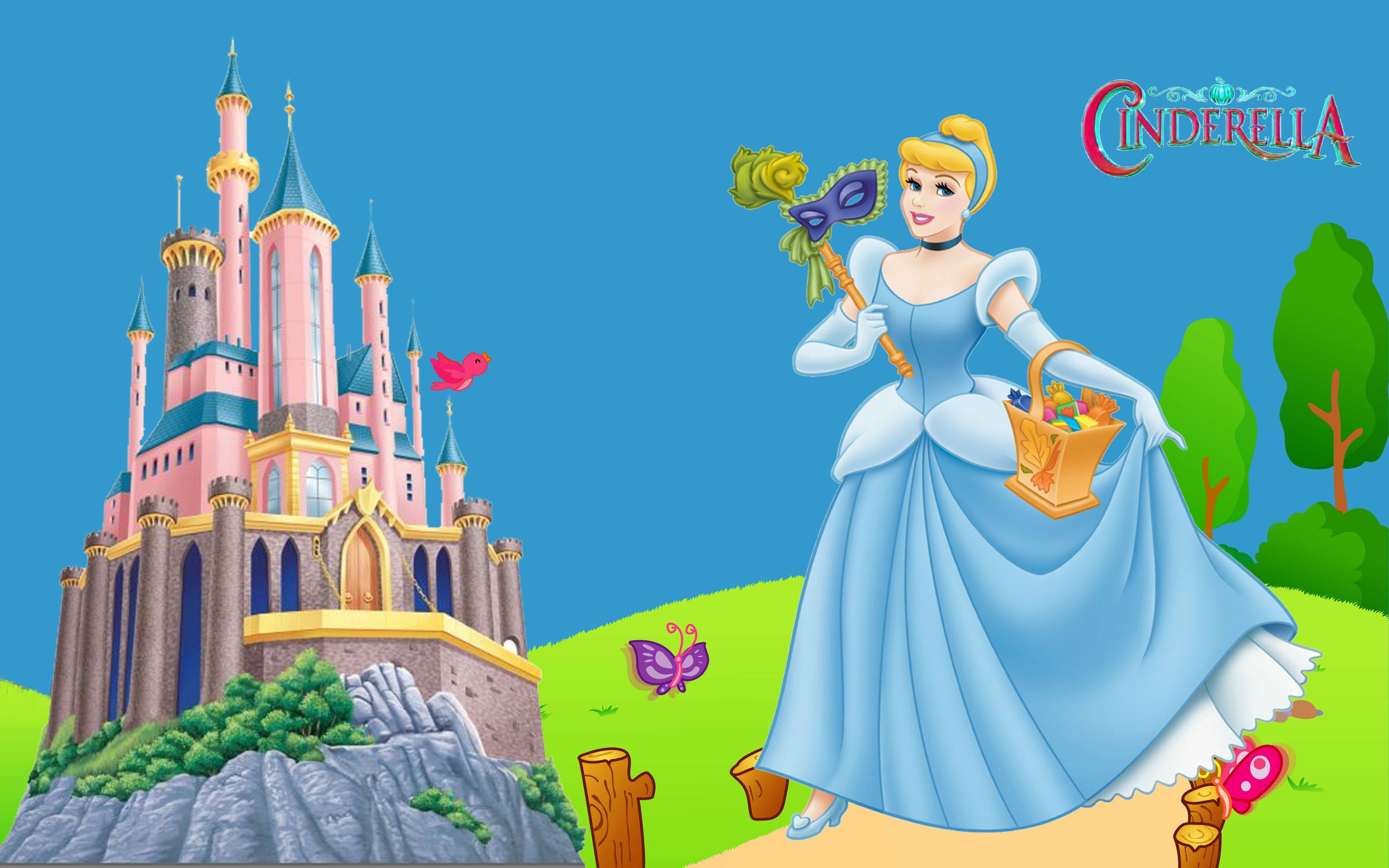 Cinderella, blue gown, basket, 4K Desktop Wallpaper