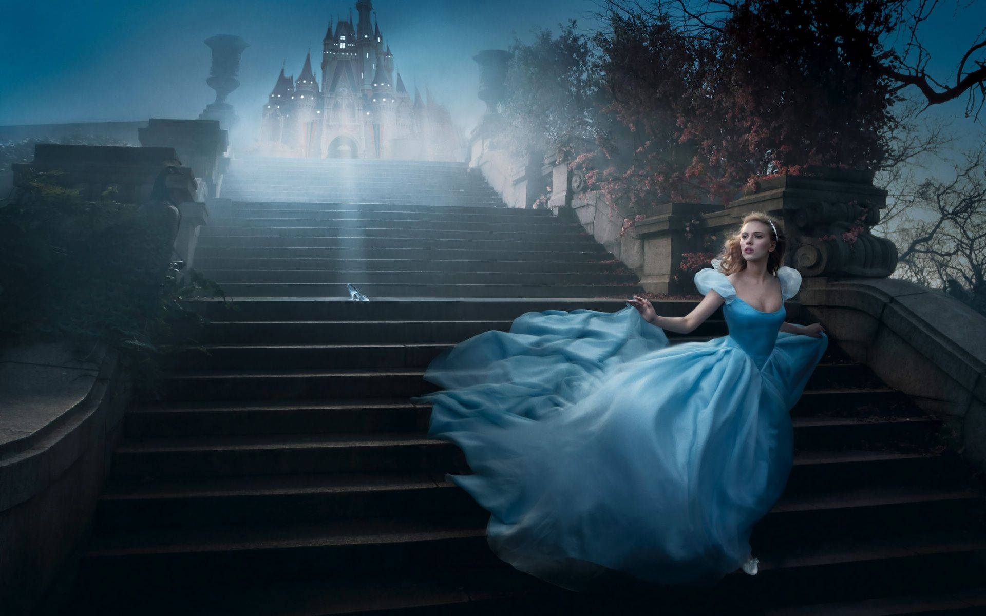 Cinderella, blue dress, stone steps, Full HD Desktop Wallpaper