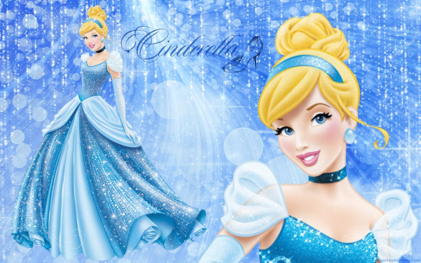 Cinderella, sparkling blue gown, magical blue background, HD Desktop Wallpaper