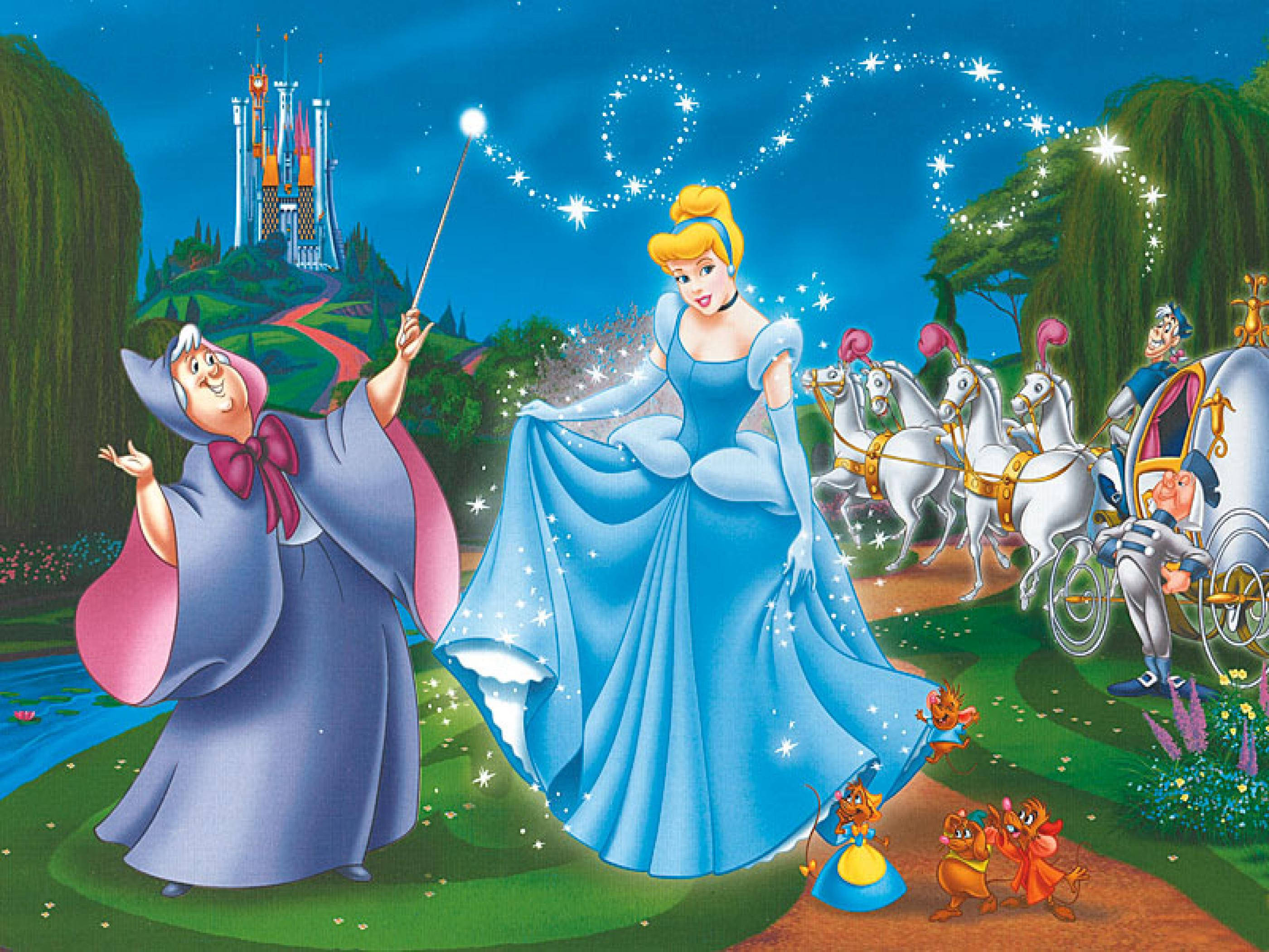 Cinderella, fairy godmother, glowing blue gown, 2K Desktop Wallpaper