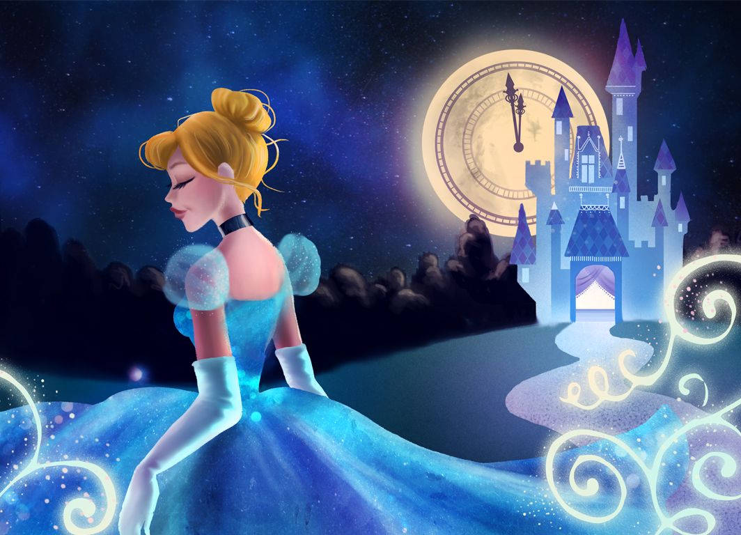 Cinderella, glowing blue gown, clock tower castle, SD Desktop Wallpaper