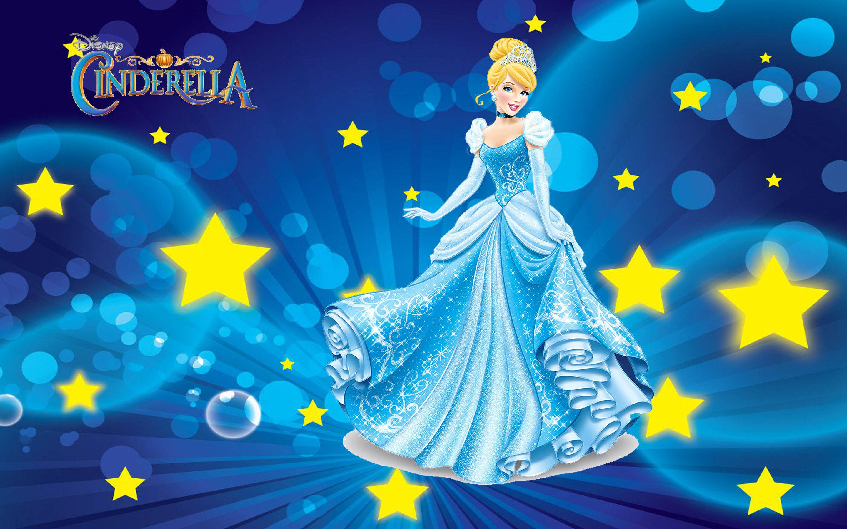 Cinderella, sparkling blue gown, glowing yellow stars, 2K Desktop Wallpaper