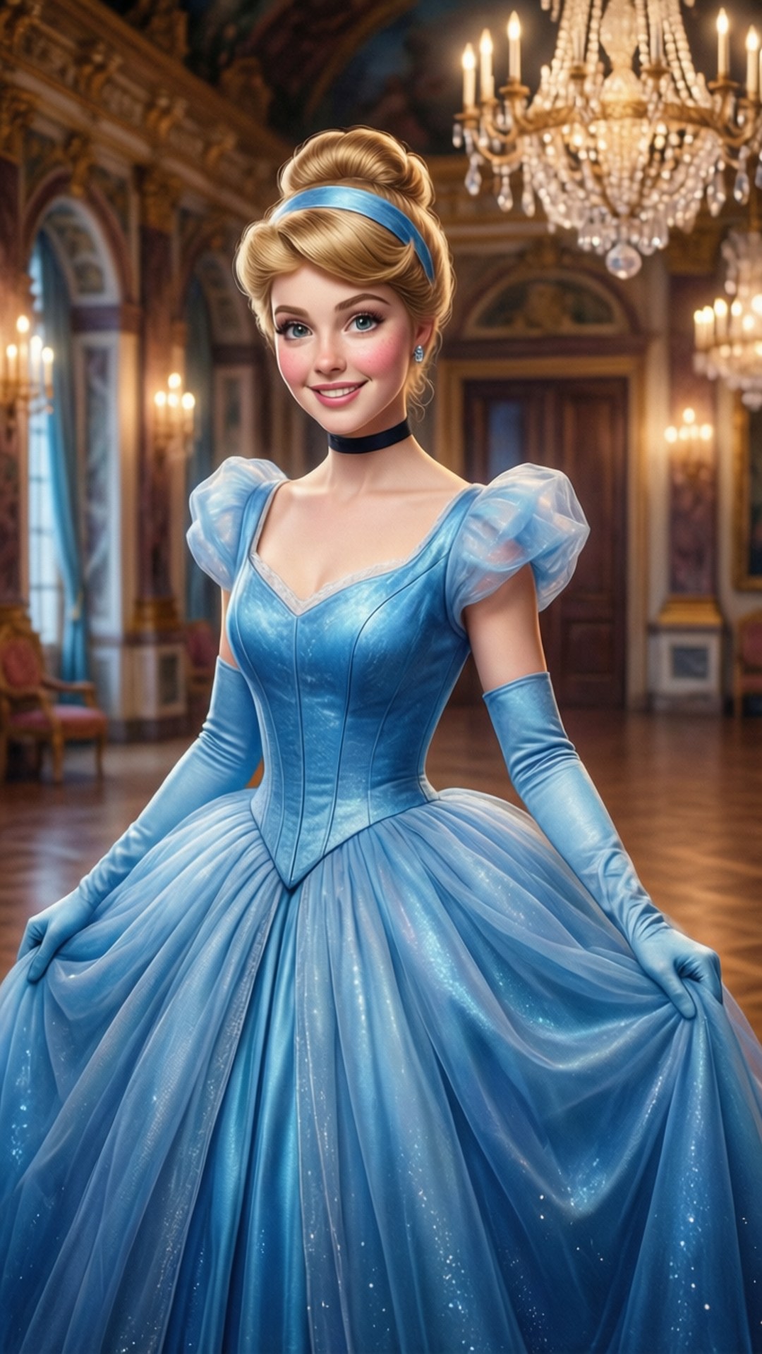 Cinderella, shimmering blue ball gown, grand palace hall, Full HD Phone Wallpaper