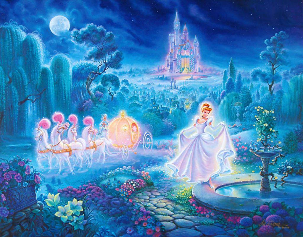 Cinderella, glowing white gown, fountain, SD Desktop Wallpaper