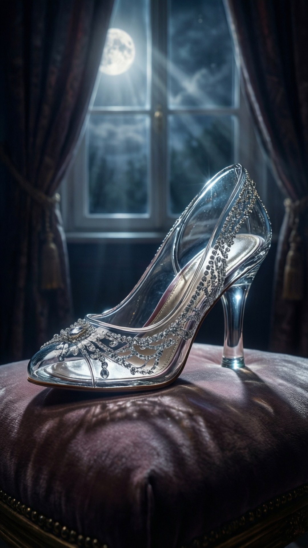 glass slipper, crystal stiletto heel, rhinestones, Full HD Phone Wallpaper