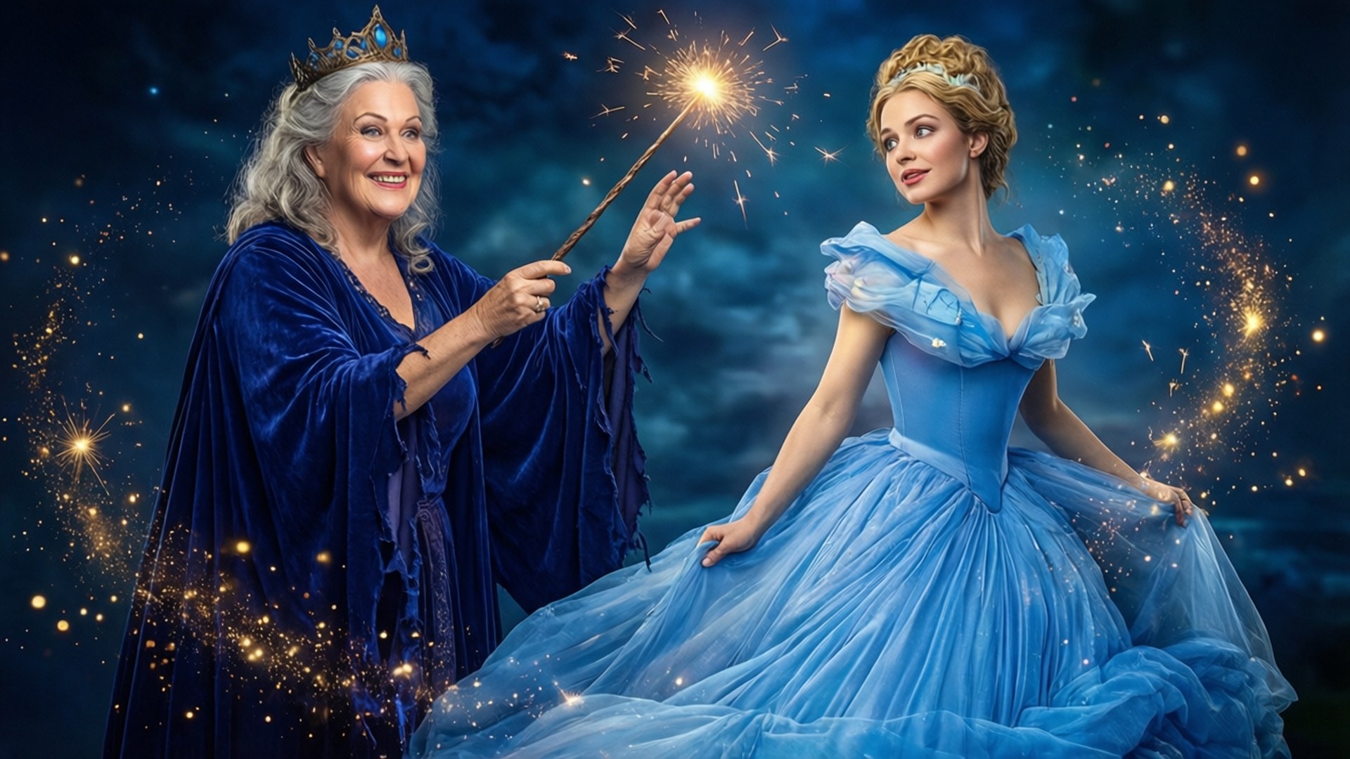 fairy godmother, royal blue velvet robe, sparkling wand, Full HD Desktop Wallpaper