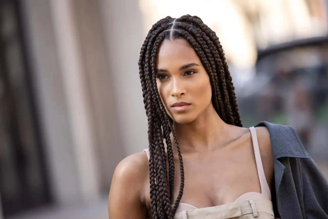 Cindy Bruna, long dark braids, urban backdrop, HD Desktop Wallpaper