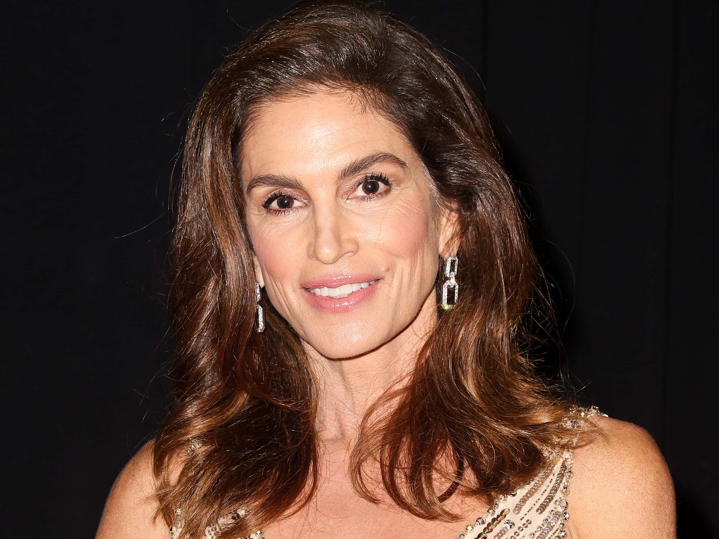 Cindy Crawford, wavy brown hair, sparkling earrings, 2K Desktop Wallpaper