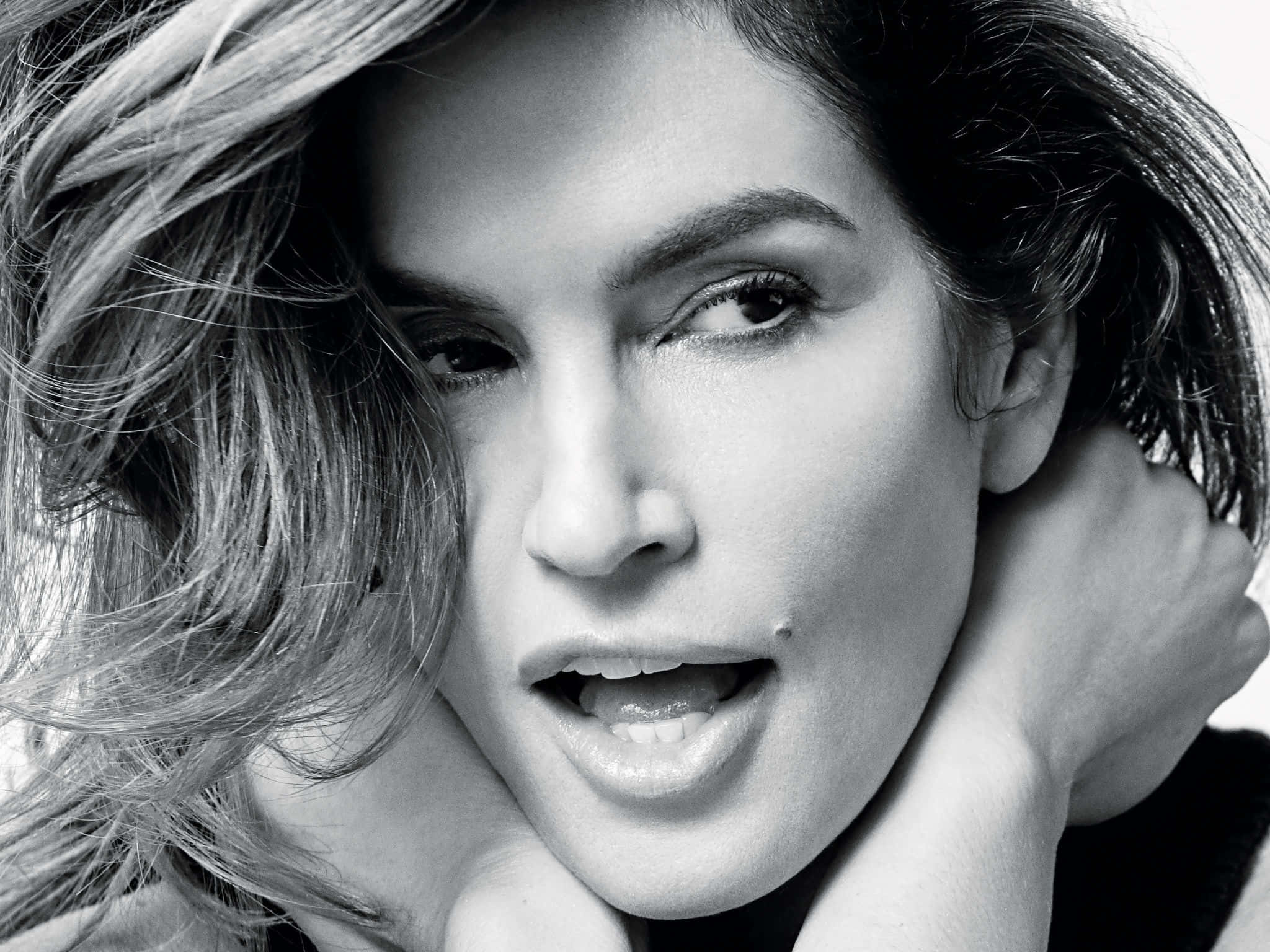 Cindy Crawford, black and white, close-up portrait, Full HD Desktop Wallpaper