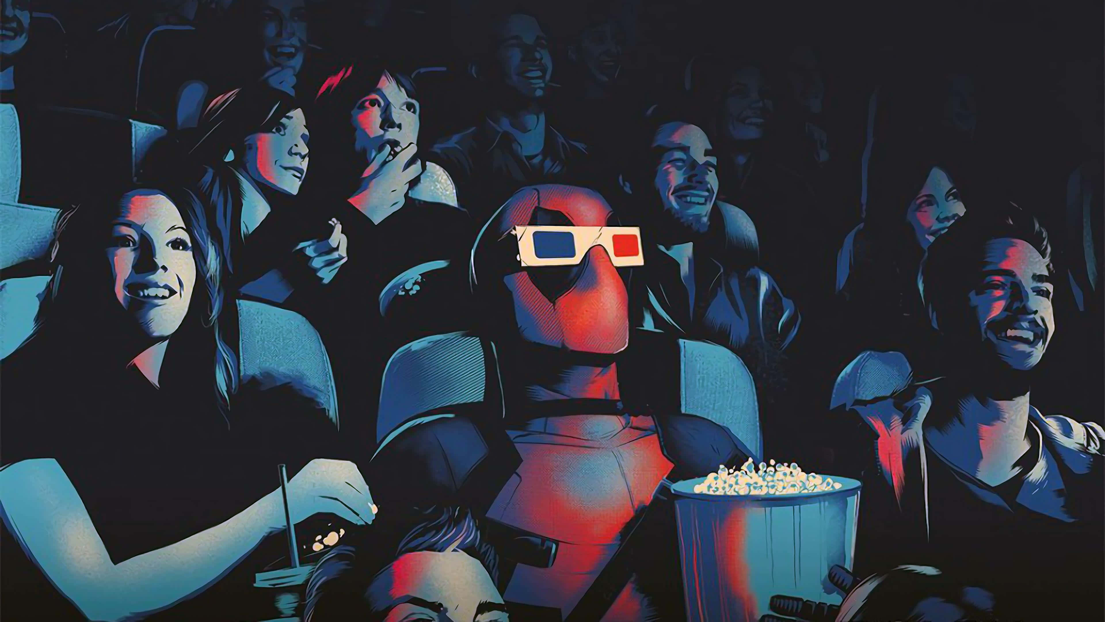 3D movie, red blue glasses, popcorn, 4K Desktop Wallpaper