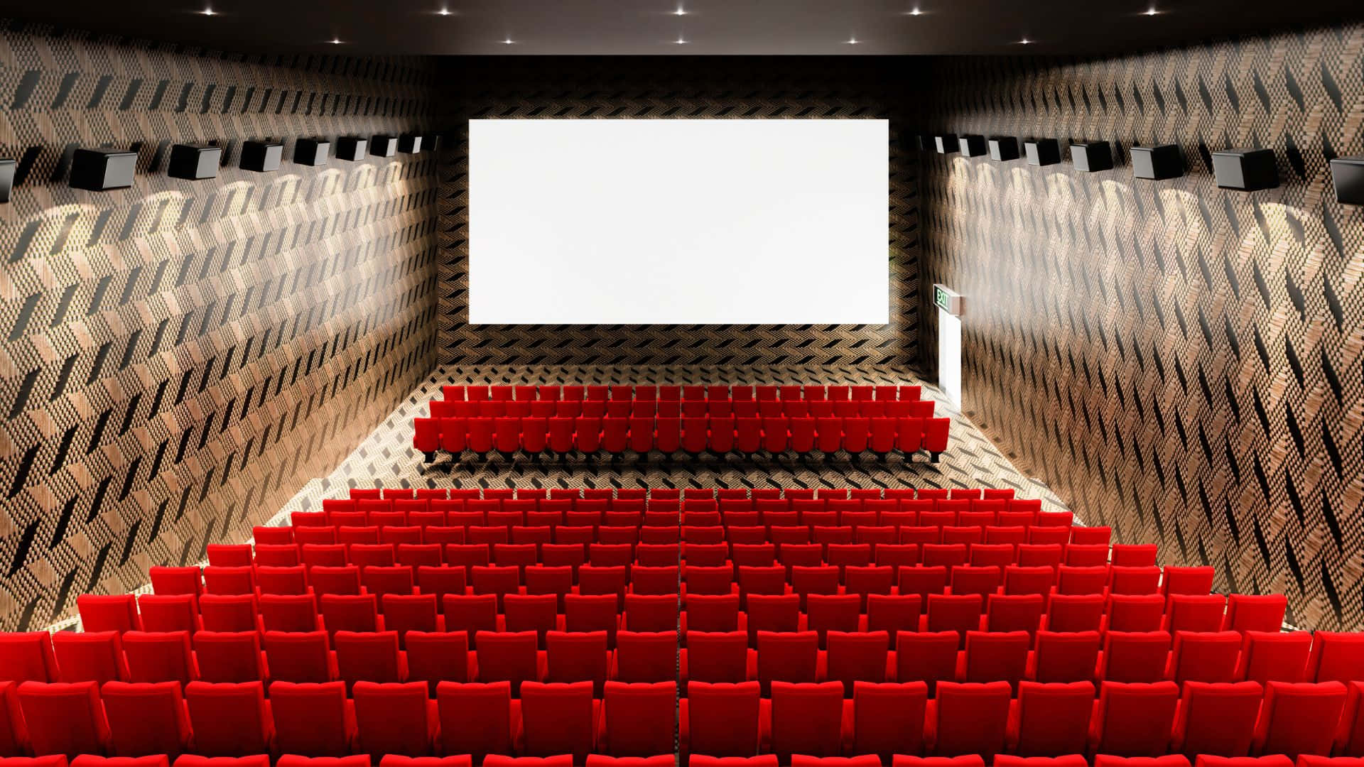 modern cinema, vibrant red seats, blank white screen, Full HD Desktop Wallpaper