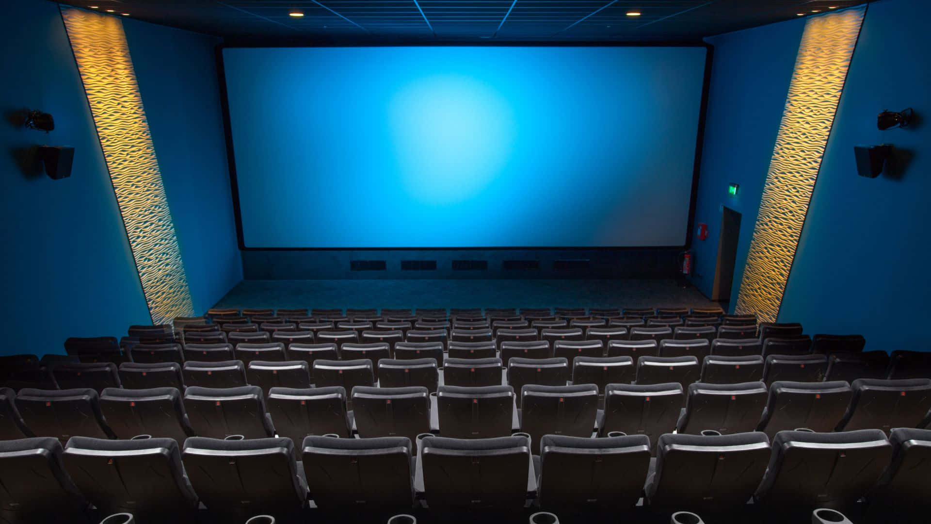 cinema screen, glowing blue, black seats, Full HD Desktop Wallpaper