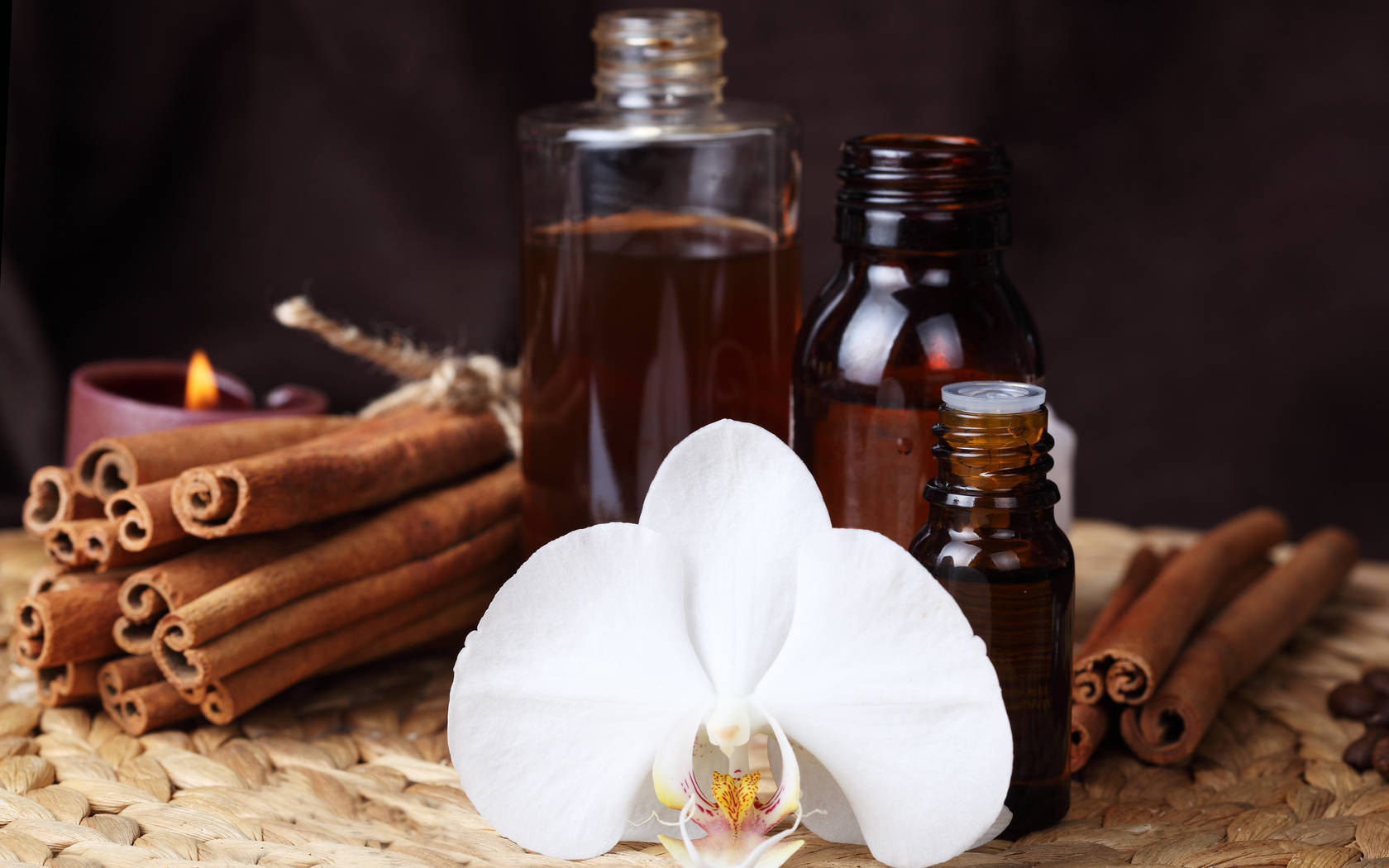 cinnamon sticks, amber glass bottles, white orchid, HD Desktop Wallpaper