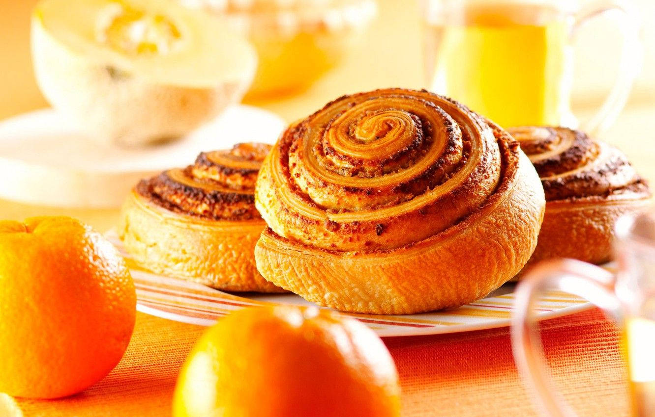 cinnamon rolls, oranges, striped plate, HD Desktop Wallpaper